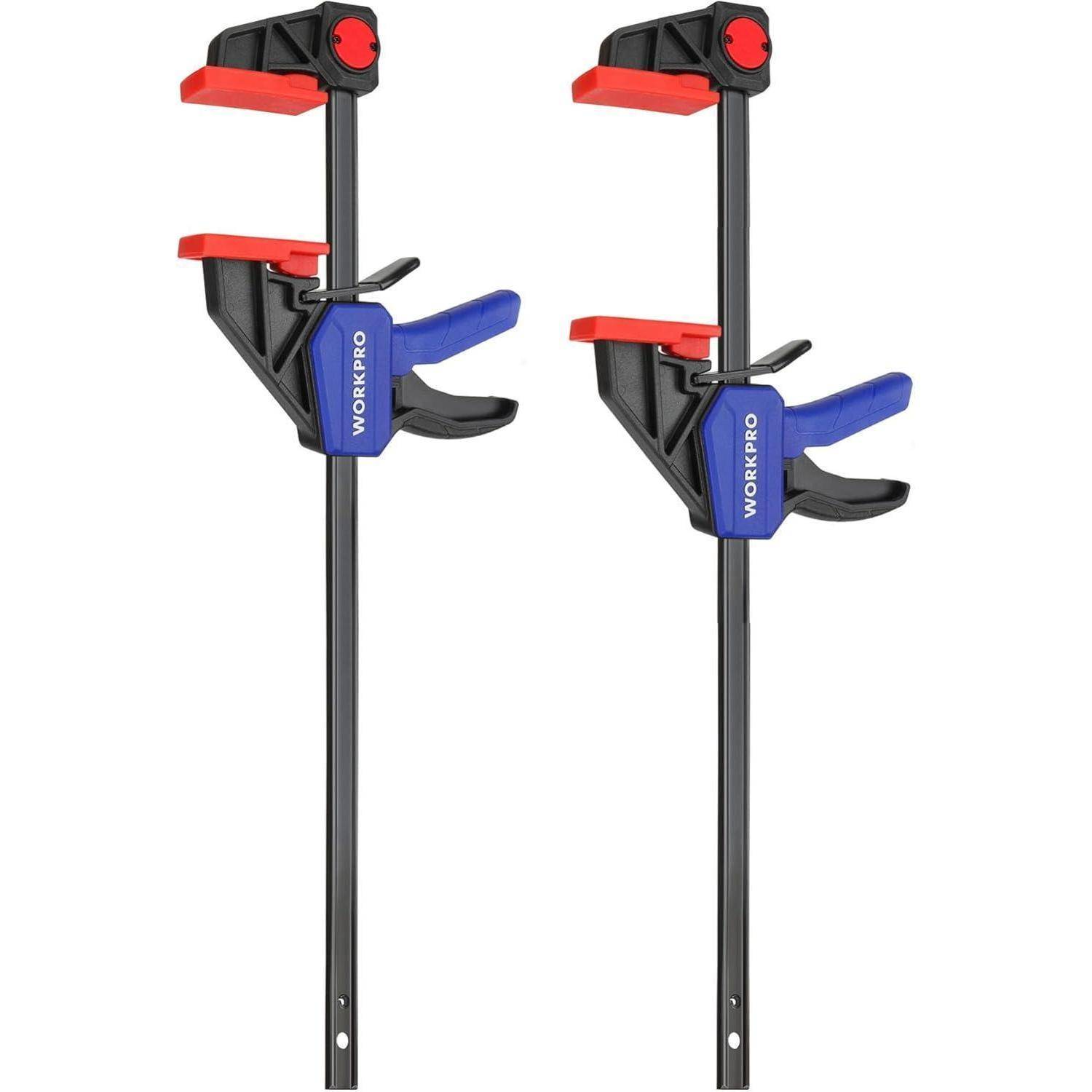 Zwei schwarze Schraubzwingen mit roten Backen und blauen Griffen, mit der Beschriftung 'WORKPRO', die für Holzarbeiten und zum sicheren Festhalten von Materialien verwendet werden.