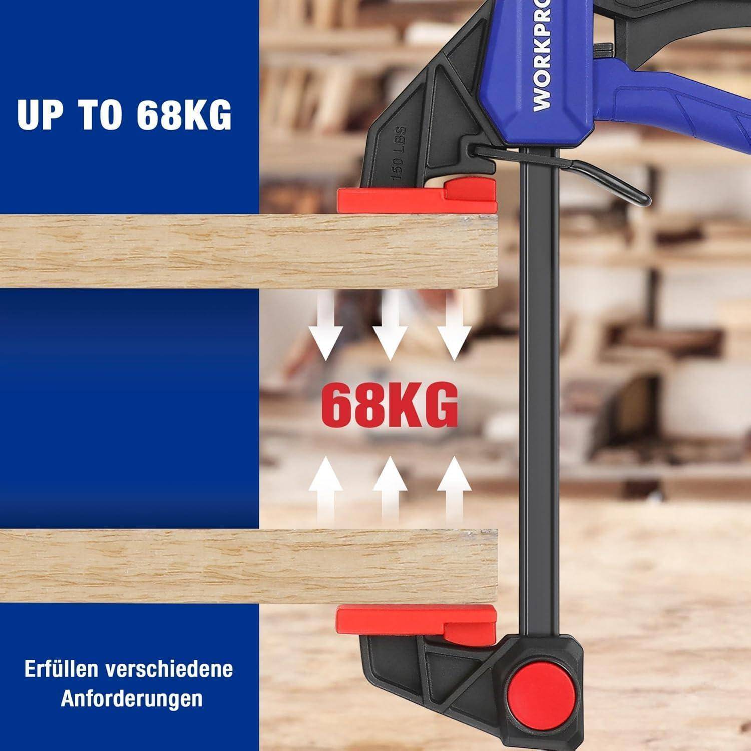 Eine Klemme, die zwei Holzstücke hält, mit einer Beschriftung '68KG'. Sie zeigt die maximale Kapazität der Klemme. Der deutsche Text lautet 'Erfüllen verschiedene Anforderungen'.