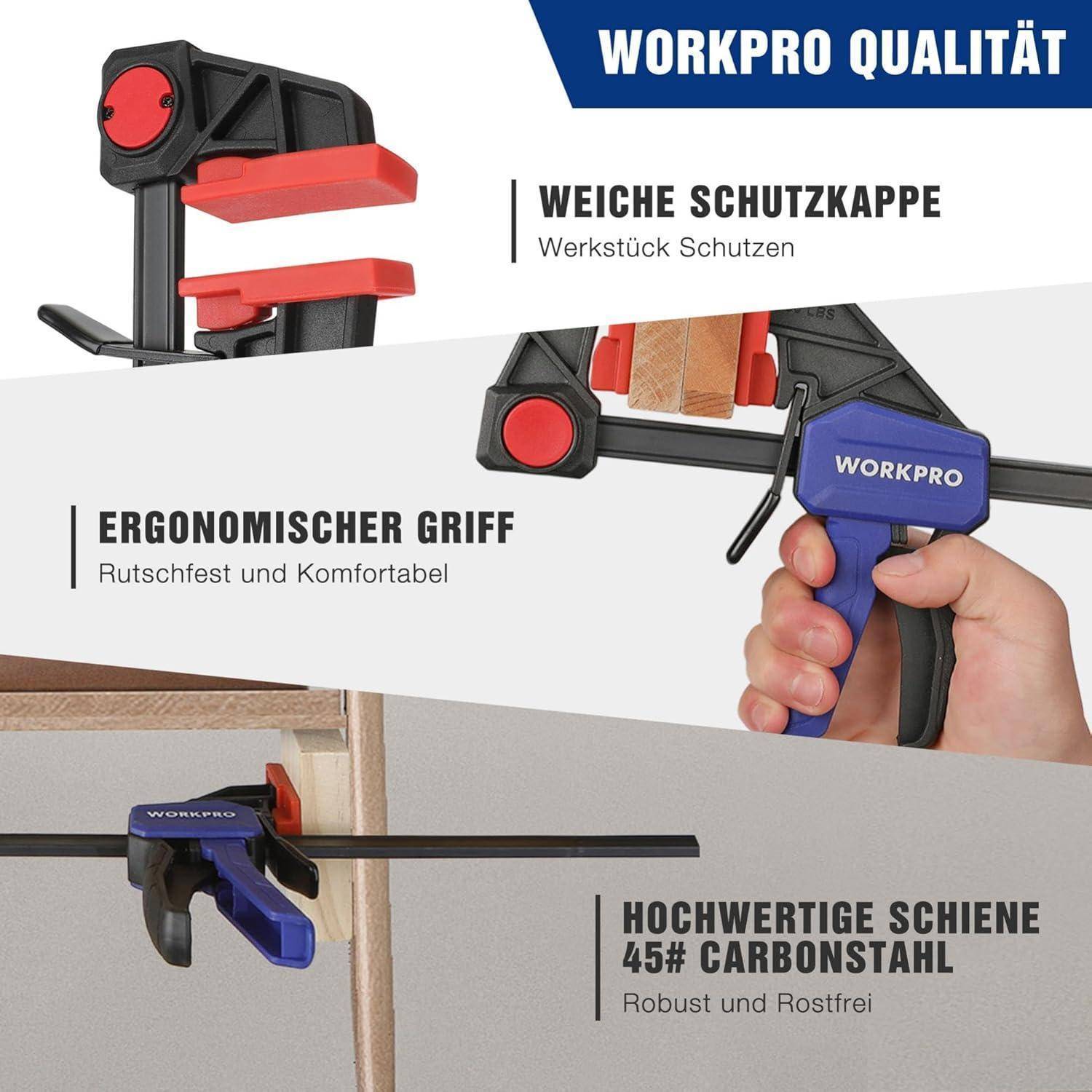 Das Bild zeigt eine Hand, die eine WORKPRO Klemme verwendet. Hervorgehobene Merkmale umfassen eine weiche Schutzkappe, einen ergonomischen Griff und eine hochwertige Schiene.