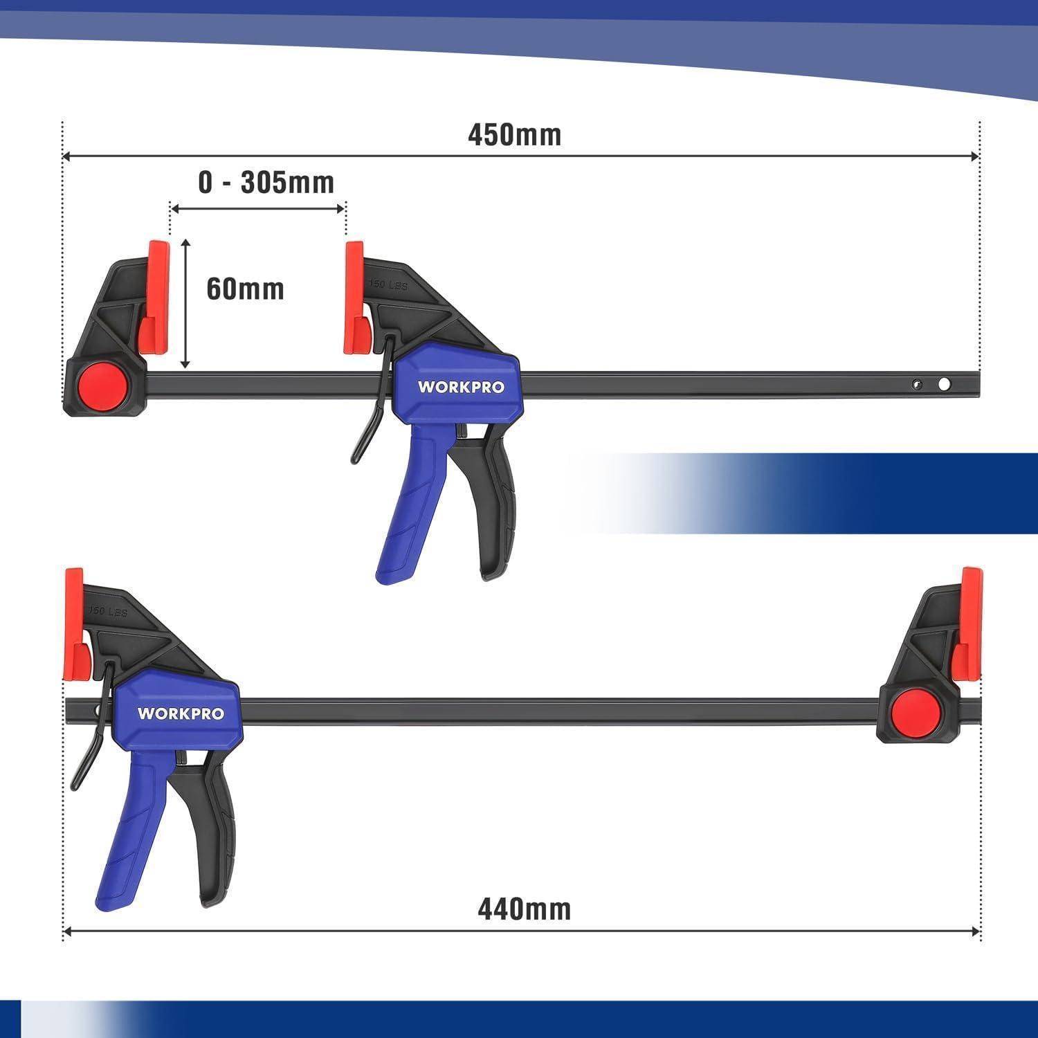 Workpro' Schraubzwingen mit Abmessungen: 450 mm und 0-305 mm Spannweite, 60 mm Ausladungstiefe und 440 mm Schienenlänge.