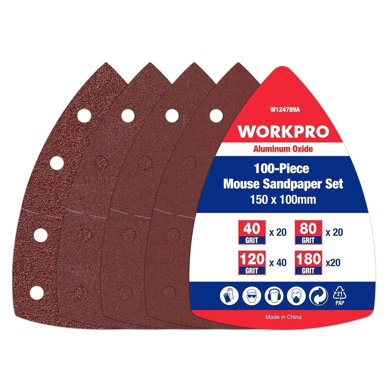 WORKPRO 100-teiliges Maus-Schleifpapier-Set, zeigt Schleifpapiere in verschiedenen Körnungen: 40, 80, 120, 180. Verwendet zum Schleifen von Oberflächen.
