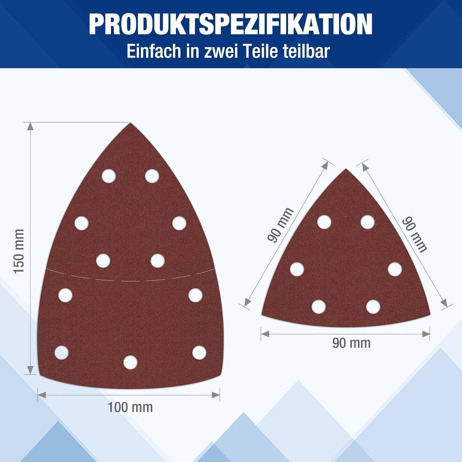 Zwei braune Schleifpads mit Löchern, Maße gekennzeichnet: linker Pad 150 mm x 100 mm, rechter Pad 90 mm x 90 mm. Text lautet 'Produktspezifikation'.