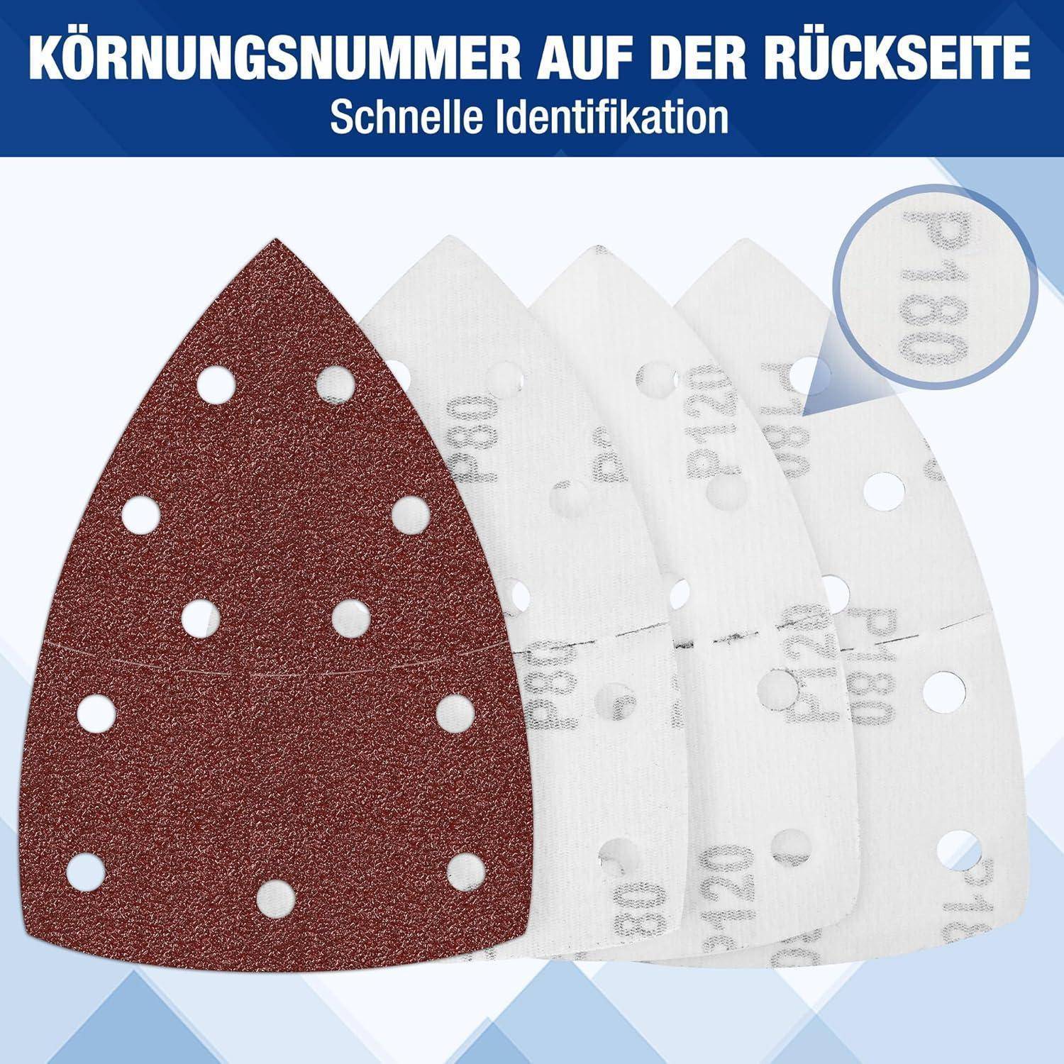 Schleifpapierblätter mit sichtbarer Vorder- und Rückseite, Schleifseite und Rückseite mit Kornzahl P180 zur einfachen Identifikation gekennzeichnet.