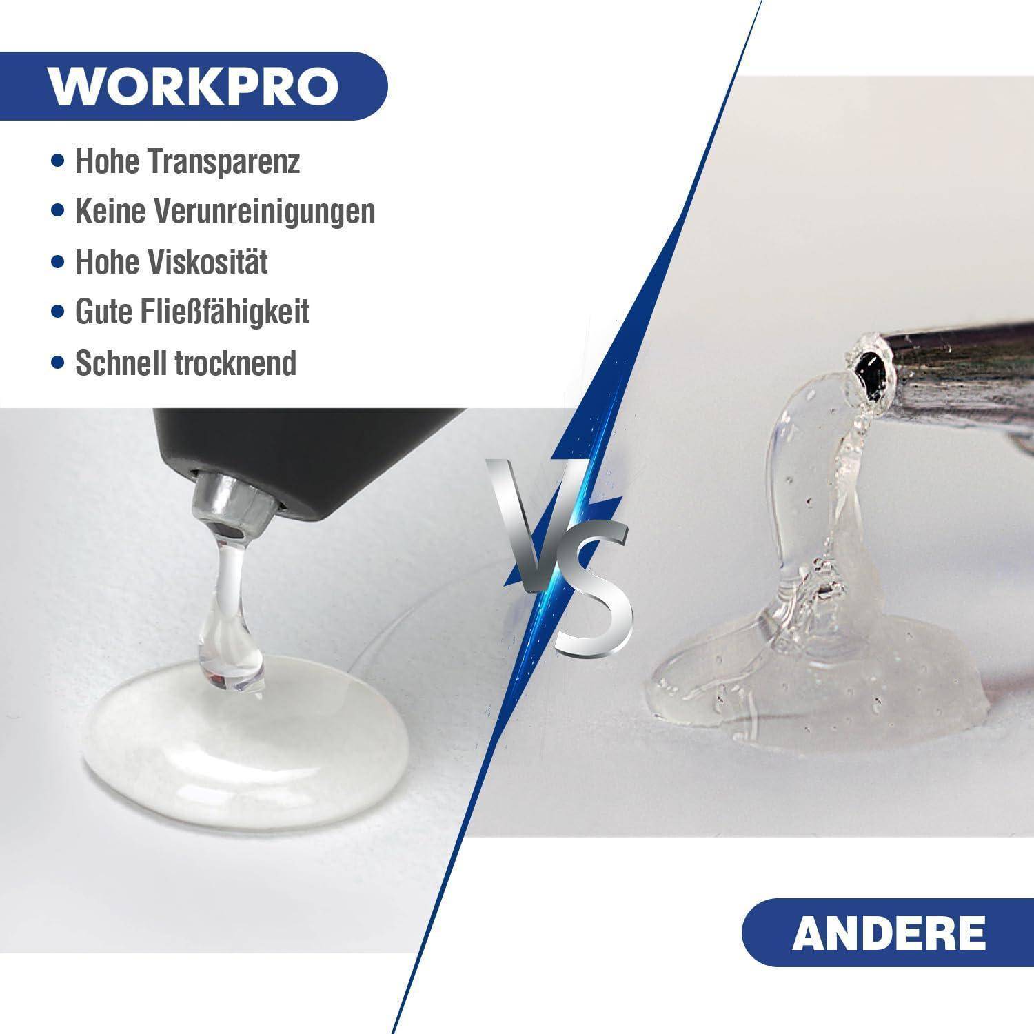 WORKPRO' präsentiert einen Klebstoffvergleich: hohe Viskosität, Fließfähigkeit und schnelle Trocknung. Das Gegenbild zeigt einen anderen, weniger effektiven Klebstoff.