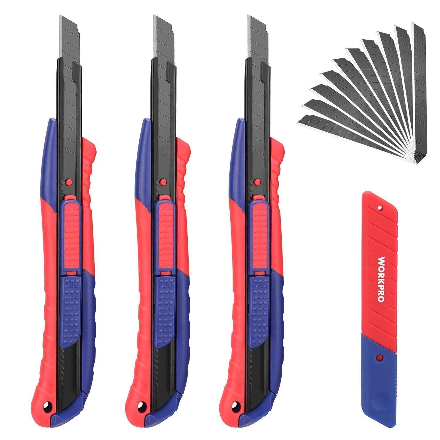 Vier Utility-Messer in Rosa und Blau, mit zusätzlichen Klingen, die separat rechts dargestellt sind.