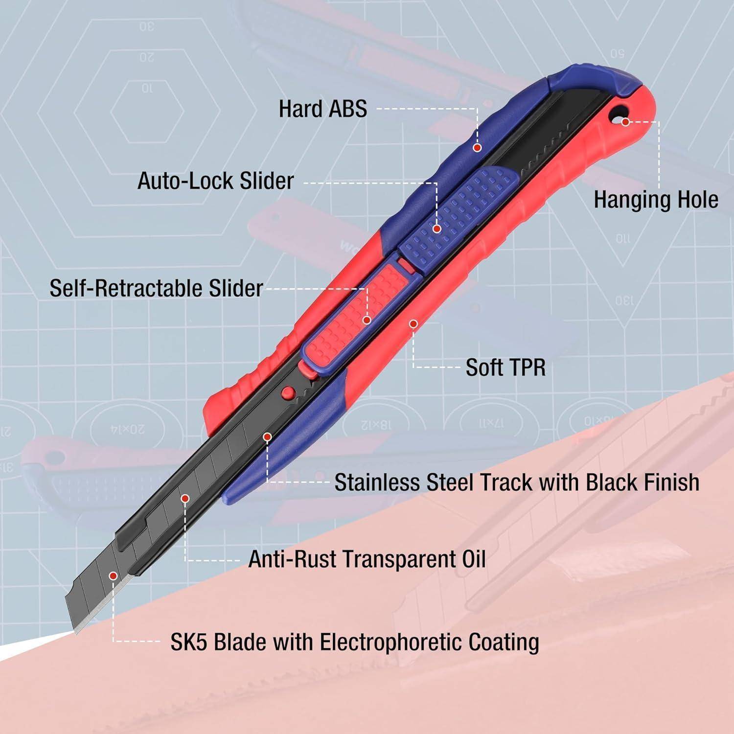 Ein blau-roter Mehrzweckmesser mit beschrifteten Merkmalen: robustes ABS, automatische Verriegelungsschieber, selbsteinziehender Schieber, weiches TPR, rostfreie Schiene, Korrosionsschutzöl, SK5-Klinge und Aufhängeloch.