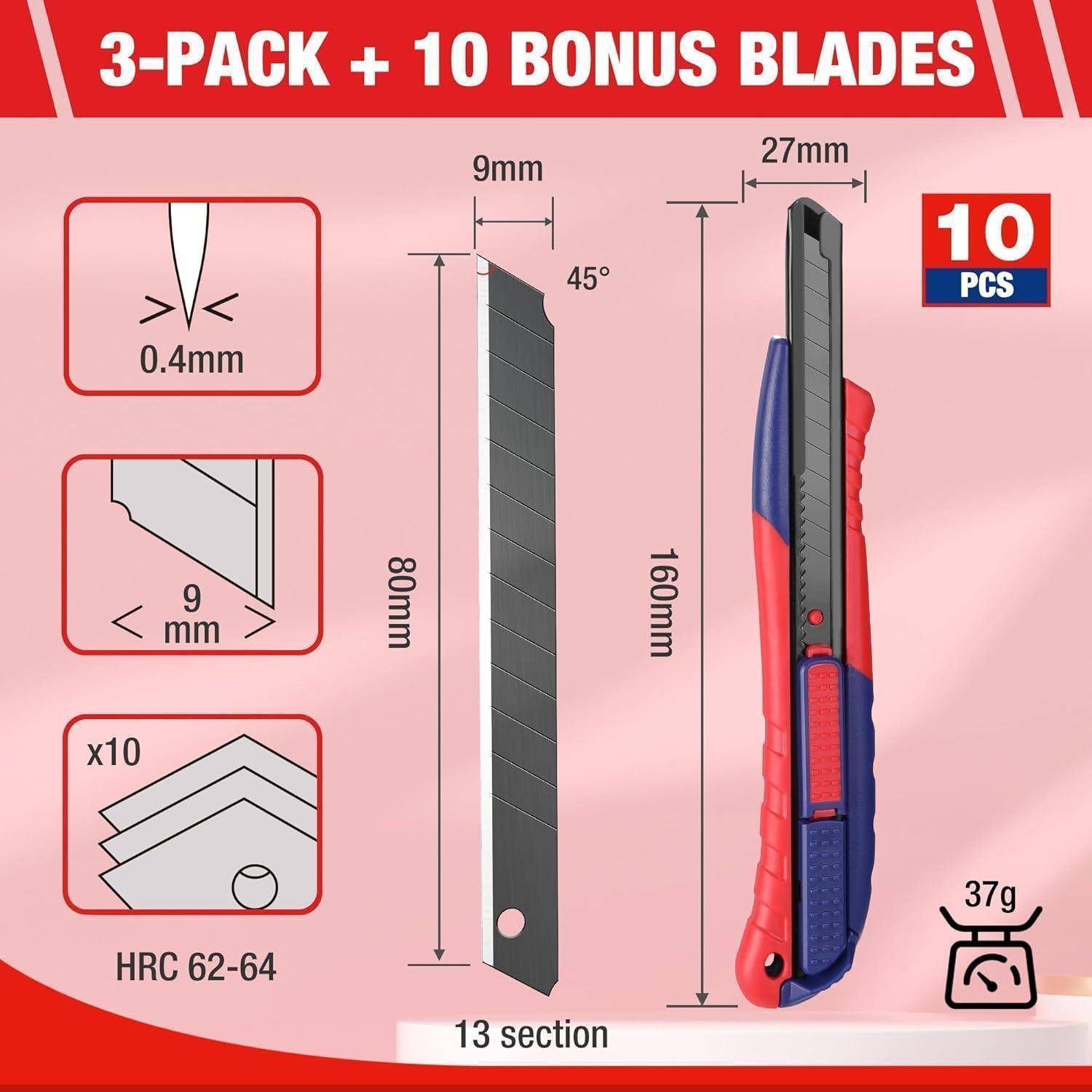 3er-Pack + 10 Bonusklingen' Universalmesser-Bild. Zeigt rotes und blaues Messer mit 160 mm Länge, 9 mm breiter Klinge und Verpackungsdetails.