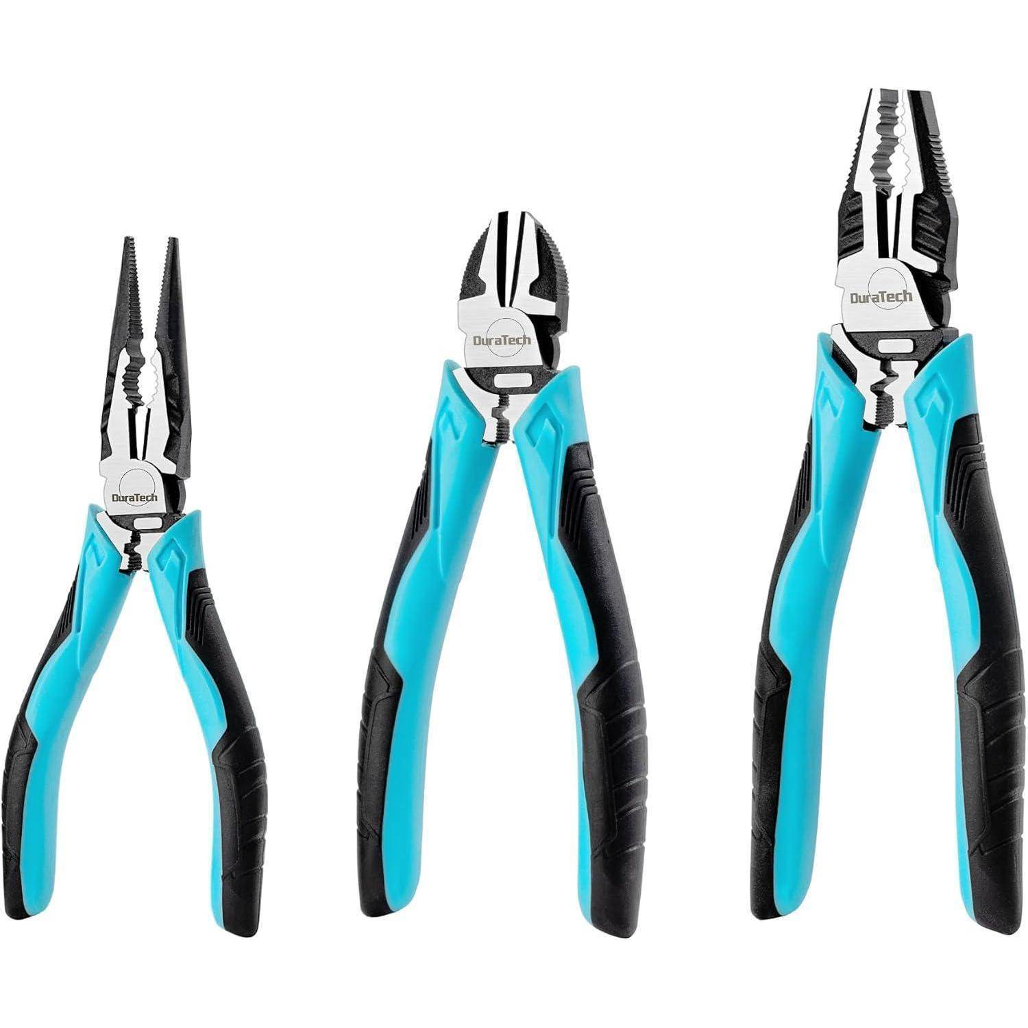 Drei Arten von blauen und schwarzen Zangen: Spitzzange, Seitenschneider und Standardzange; verwendet zum Greifen, Schneiden und Justieren von Befestigungsmaterial.