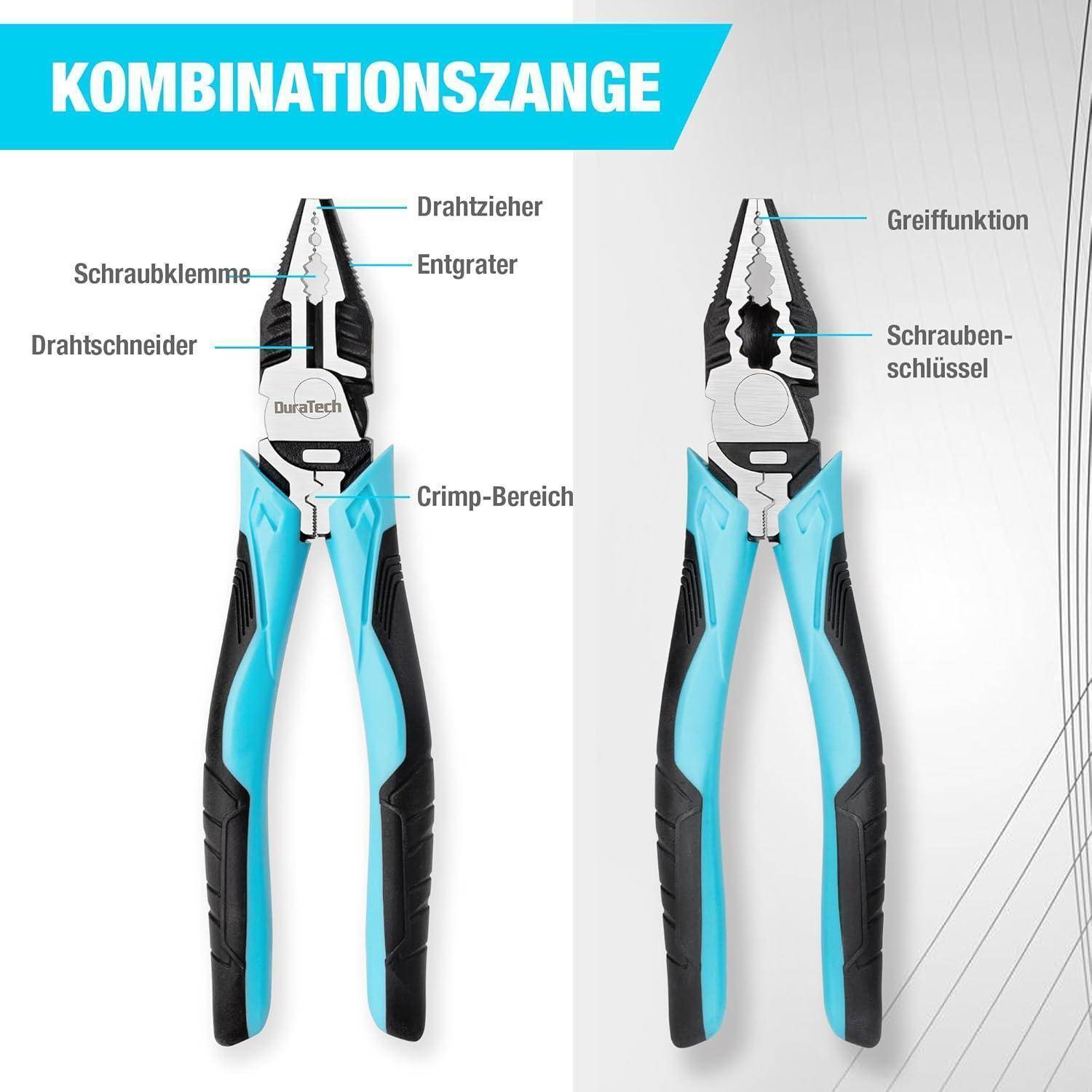 Kombinationszange mit beschrifteten Teilen: Drahtschneider, Abisolierbereich, Greiffunktion, Schraubklemme und Crimpbereich.