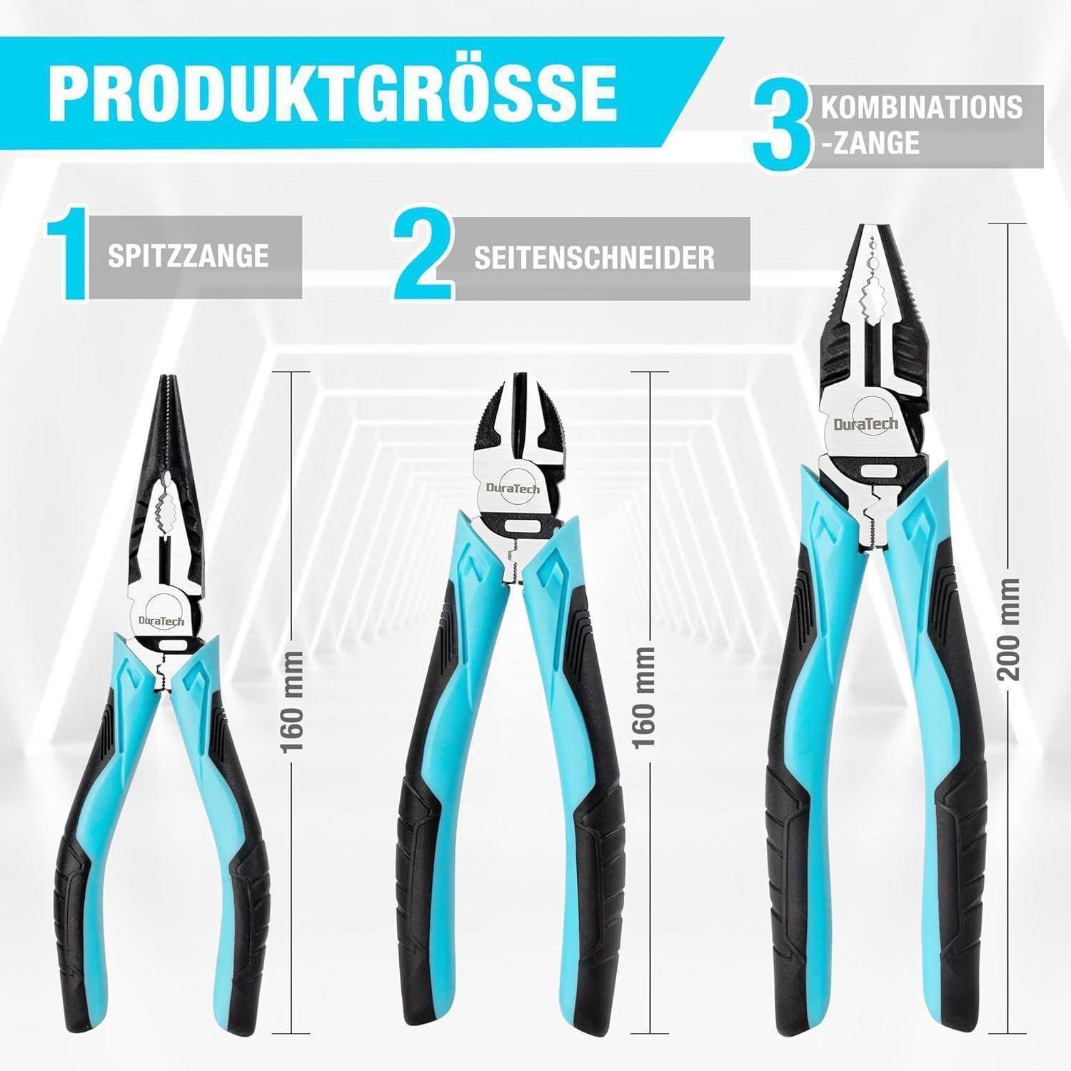 Das Bild zeigt drei Typen von Zangen, nummeriert von 1 bis 3. Eine Spitzzange ist 160 mm lang, eine Seitenschneider-Zange ist 160 mm lang und eine Kombinationszange ist 200 mm lang.