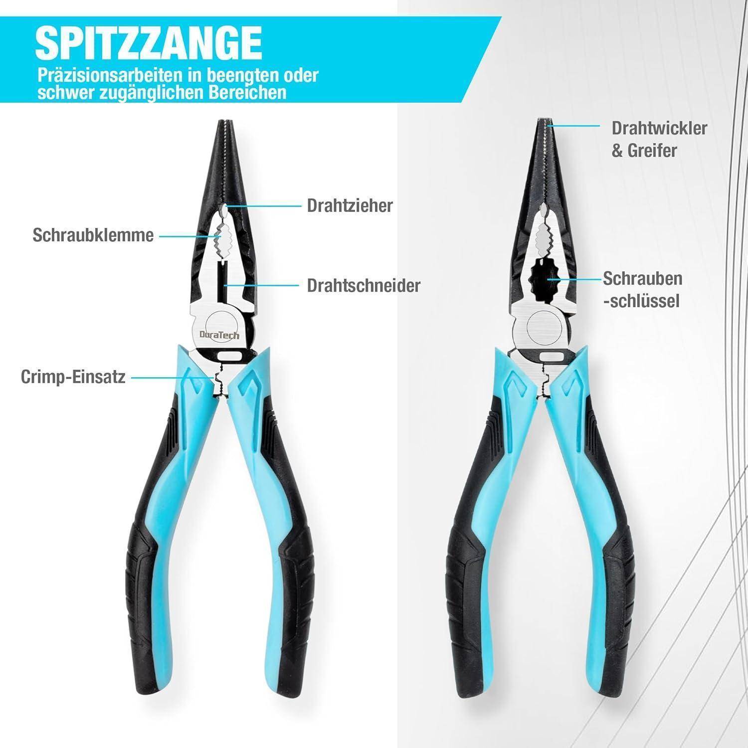 Spitzzange' Zange mit beschrifteten Funktionen: Drahtauszieher, Drahtschneider, Schraubklemme, Crimpeinsatz, Wickel- und Greifwerkzeug, Schraubschlüssel.