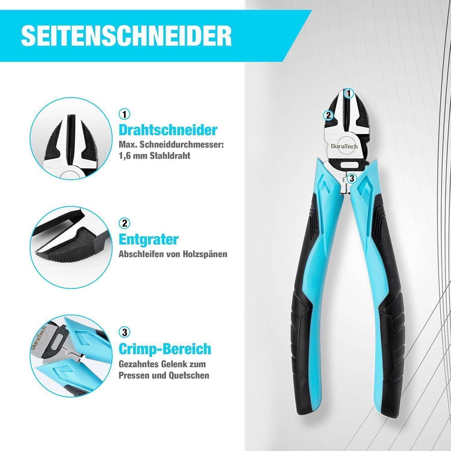 SEITENSCHNEIDER' Seitenschneider mit blauen Griffen und drei Funktionen: 1) Drahschneider für 1,6 mm Stahldrähte, 2) Entgratungskante für Holzspäne, 3) Crimpbereich für Pressfittings.