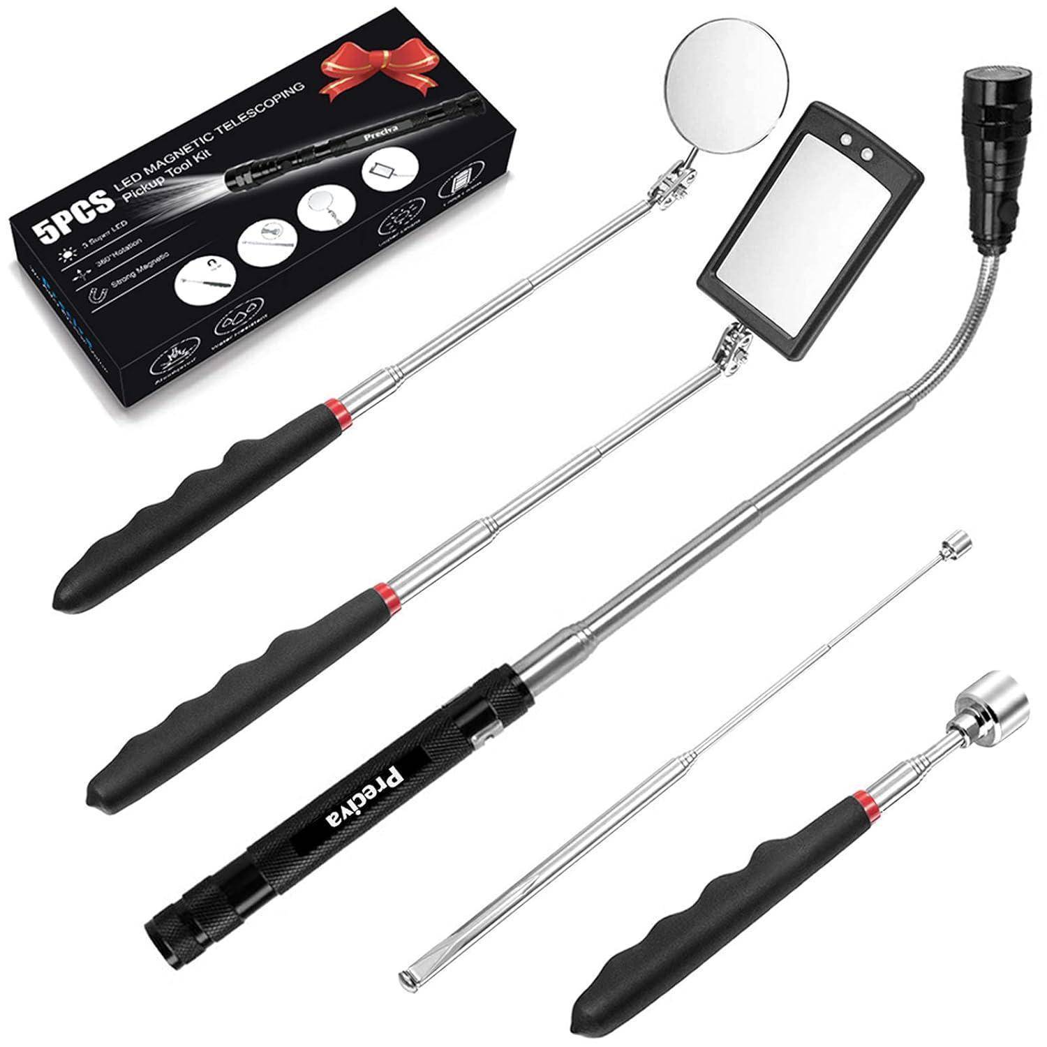 5-teiliges LED-Magnetisches Pick-up Werkzeug-Set' enthält ausziehbare Spiegel und magnetische Stäbe mit Gummigriff, entwickelt zum Aufnehmen kleiner Gegenstände.