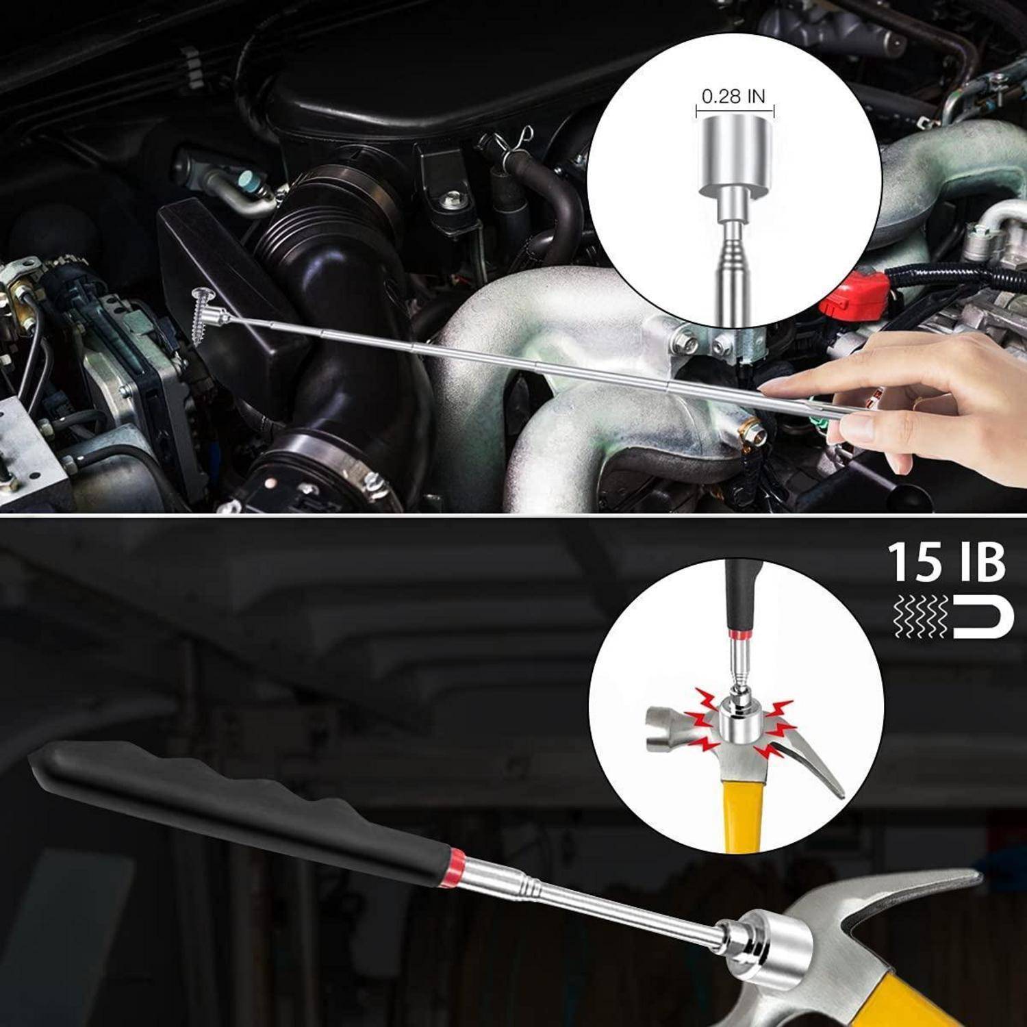 Ein flexibler magnetischer Aufnahmewerkzeug, der eine Schraube aus dem Motorraum heraushebt. Ein Einschub zeigt die Grifftechnik des Werkzeugs an der Schraube. Ein weiterer Einschub veranschaulicht einen Hammer mit optimaler Griffposition.
