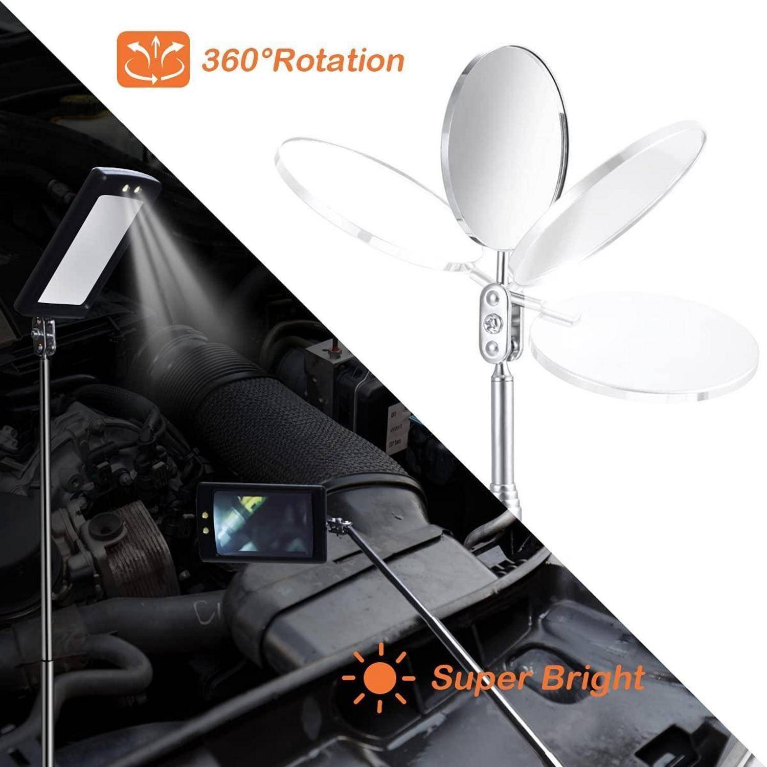 Ultrahelle Lampe mit 360°-Drehung, die über einem Automotor positioniert ist und den Bereich ausleuchtet. Darstellung zeigt verschiedene einstellbare Positionen.