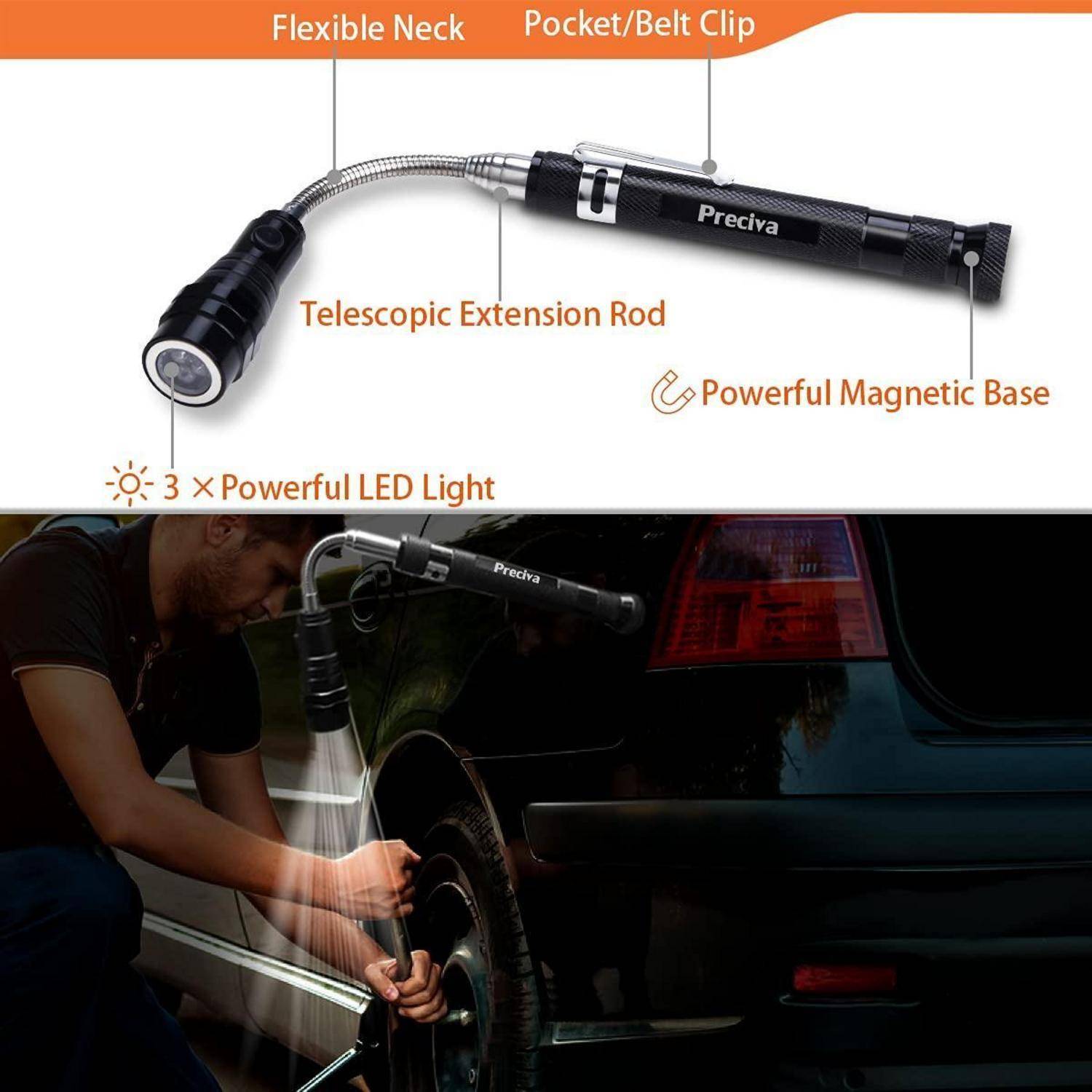 Teleskop-Magnetlampe mit flexiblem Hals und Clip, dargestellt bei der Nutzung zur Inspektion eines Autorades. Merkmale: 3 LED-Leuchten, starke Magnetbasis.