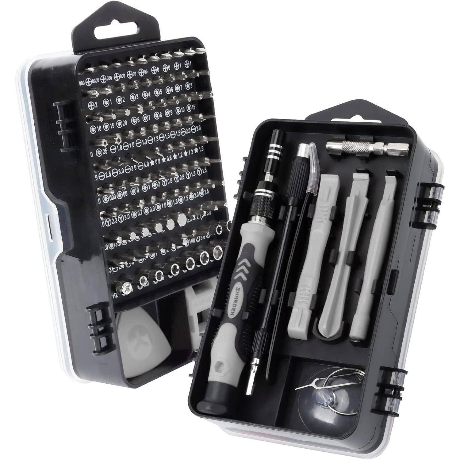 Präzisions-Schraubendreher-Set in offener Tasche, enthält verschiedene Bits, Griffe, Pinzetten und Verlängerungsrods, entwickelt für elektronische Reparaturen.