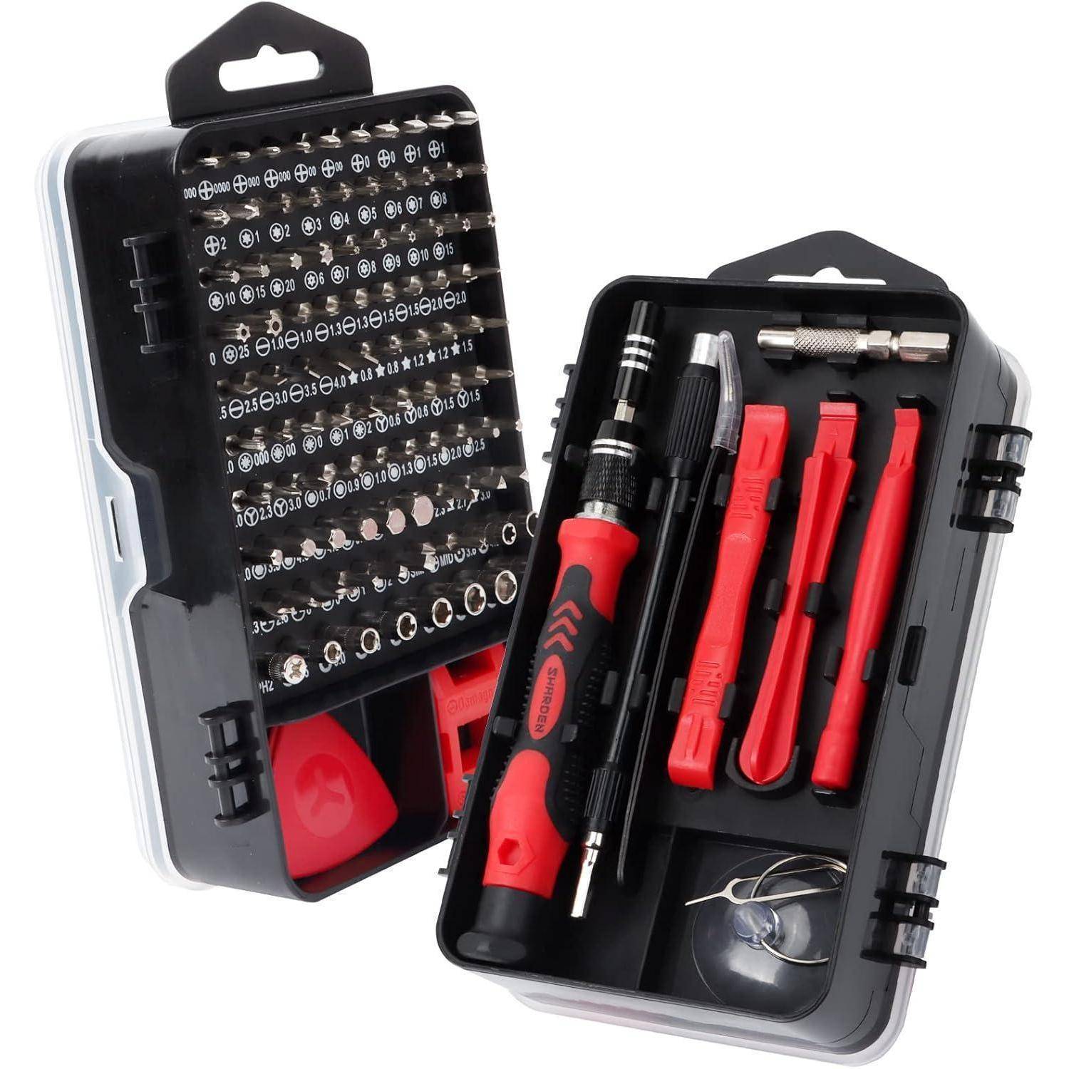 Präzisions-Schraubendreher-Set in einem schwarzen Kunststoffkoffer. Enthält einen roten und schwarzen Griff, verschiedene auswechselbare Bits und rote Plastikwerkzeuge.
