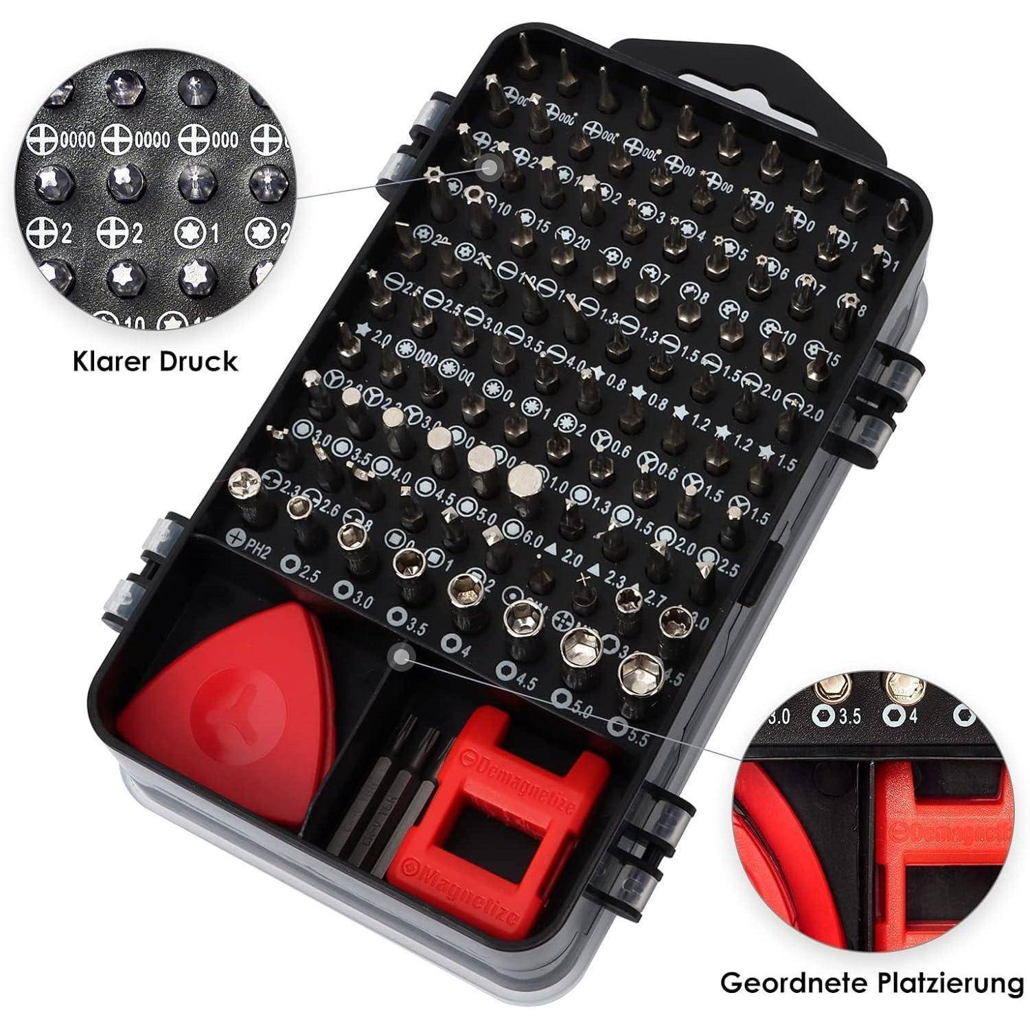 Ein kompaktes Werkzeugset mit verschiedenen Präzisionsschraubendreher-Einsätzen, ordentlich in einem schwarzen Etui mit beschrifteten Fächern und roten Akzenten organisiert.