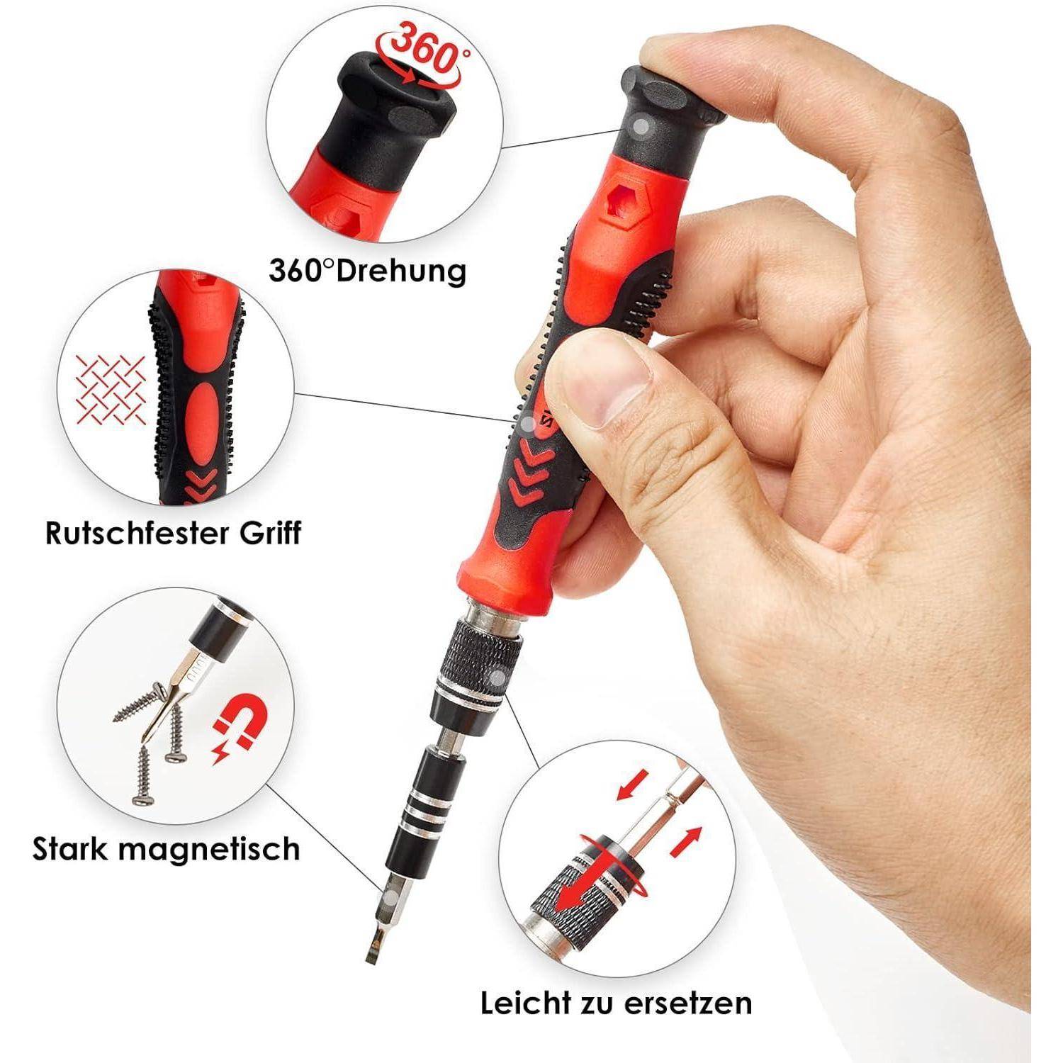 Hand hält einen roten und schwarzen Schraubendreher mit beschrifteten Merkmalen: '360° Rotation', 'Rutschfester Griff', 'Starke Magnetkraft', 'Einfach auszutauschen'.