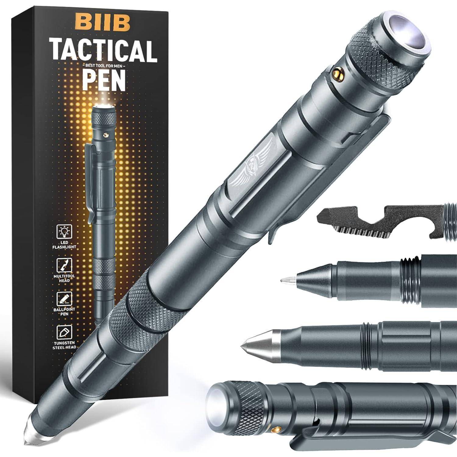 Taktischer Stift mit Taschenlampe, multifunktionalen Werkzeugen und robuster Konstruktion, dargestellt in verschiedenen Perspektiven und Explosionszeichnungen.