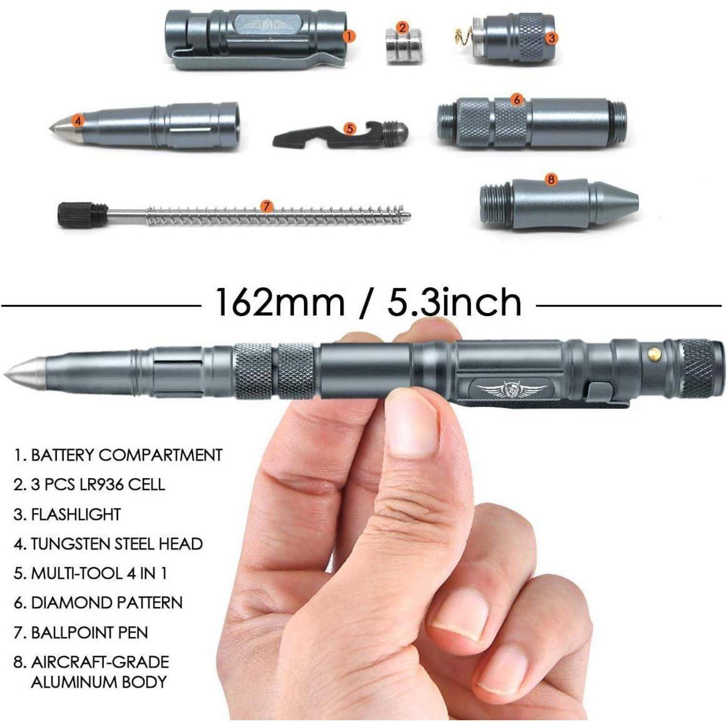 Ein taktischer Stift mit mehreren Funktionen: Taschenlampe, Wolframstahl-Kopf und Batteriefach. Detaillierte Teile werden zusammen mit Abmessungen dargestellt.
