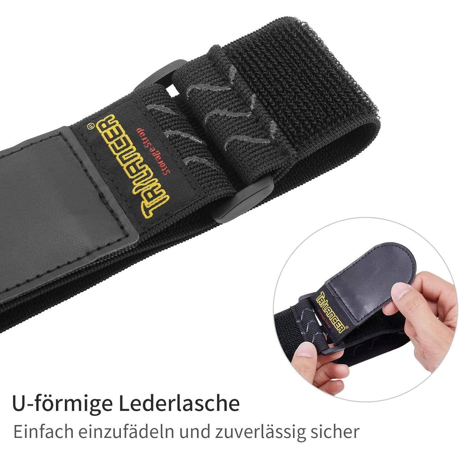Schwarzer Nylonriemen mit einer U-förmigen Lederschlaufe, versehen mit einem 'TANICE' Logo. Text: 'Einfach einzufädeln und zuverlässig sicher.