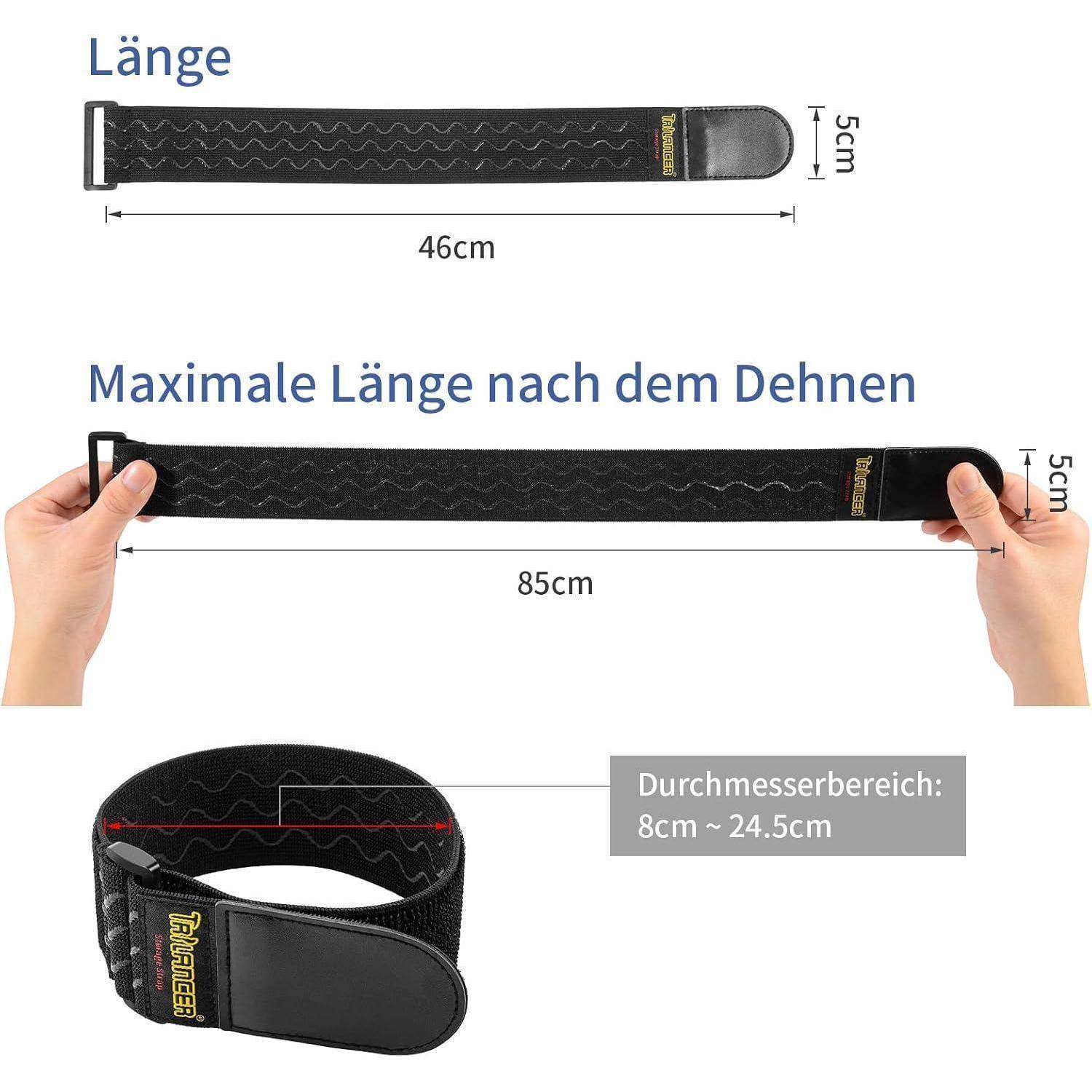 Das Bild zeigt einen schwarzen Gurt mit Klettverschluss-Enden zur Organisation. Abmessungen: 5 cm breit, 85 cm lang, dehnt sich auf einen Durchmesser von 24,5 cm aus.