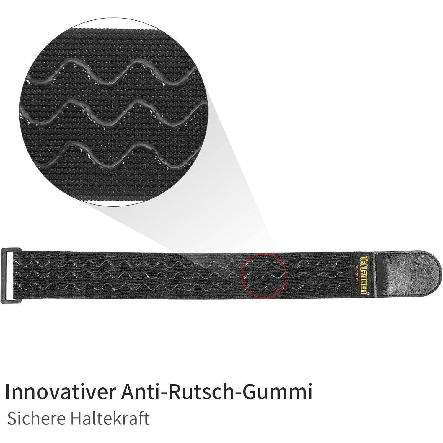 Ein schwarzer Gurt mit innovativem Anti-Rutsch-Gummi für sicheren Halt. Text: 