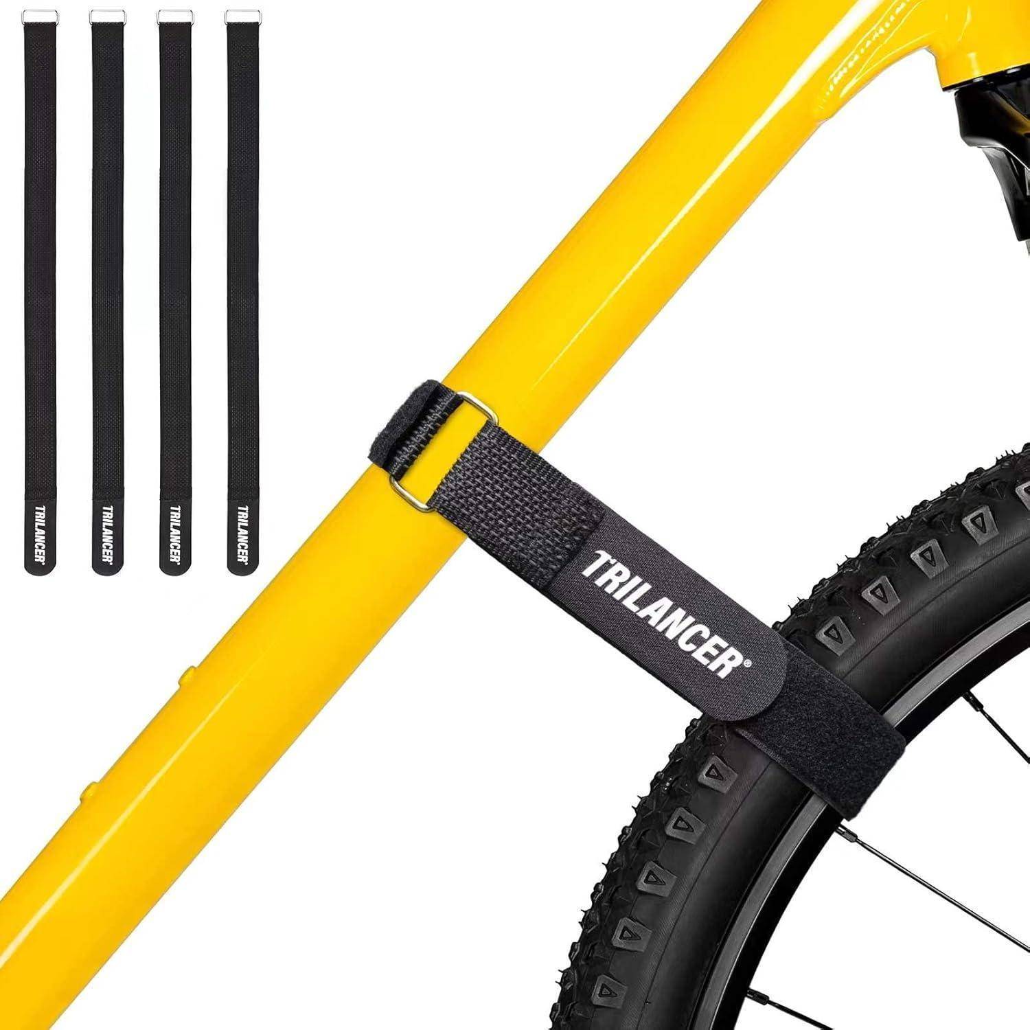 Ein hellgelber Fahrradrahmen mit einem schwarzen 'Trilancer' Riemen, der das Rad befestigt; fünf zusätzliche Riemen werden seitlich präsentiert.