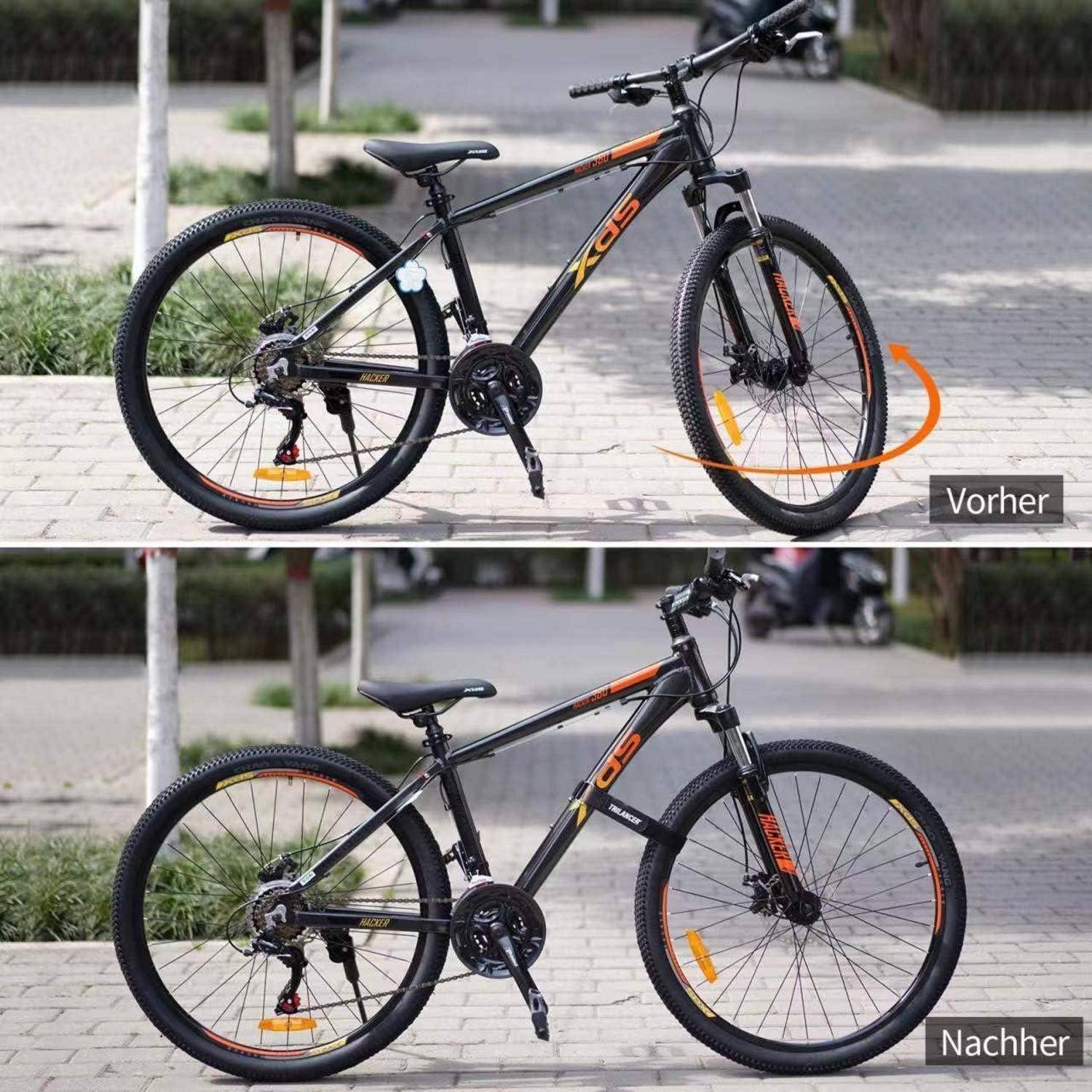 Zwei Bilder von Fahrrädern: Das obere Bild mit der Bezeichnung ‚Vorher' zeigt ein Mountainbike auf einem Weg. Das untere Bild mit der Bezeichnung ‚Nachher' zeigt dasselbe Fahrrad mit angepasstem Lenkerwinkels.