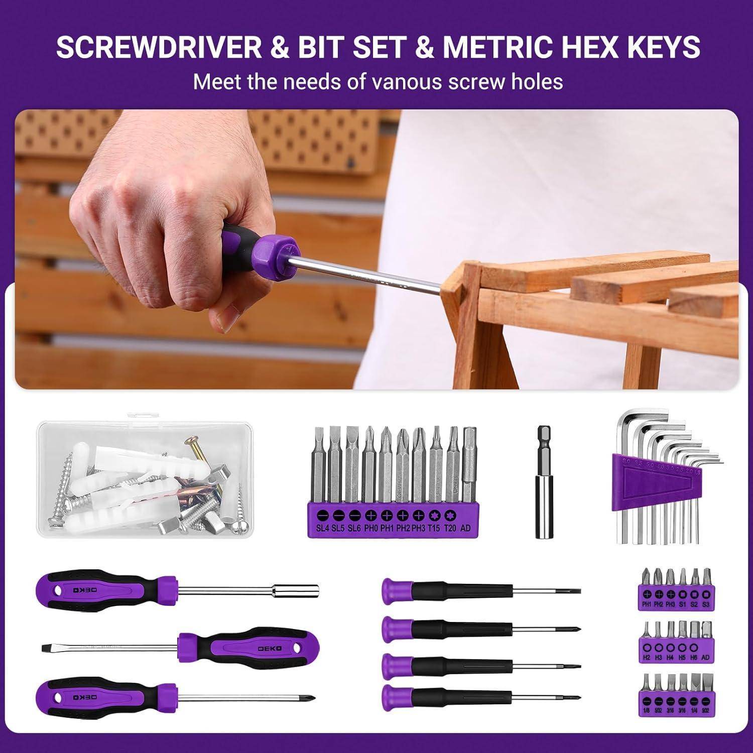 Hand, die einen Schraubendreher auf Holz verwendet. Das Set enthält verschiedene Schraubendreher-Bits, metrische Sechskantschlüssel und Schraubendreher, die für unterschiedliche Schraubenlöcher konzipiert sind.