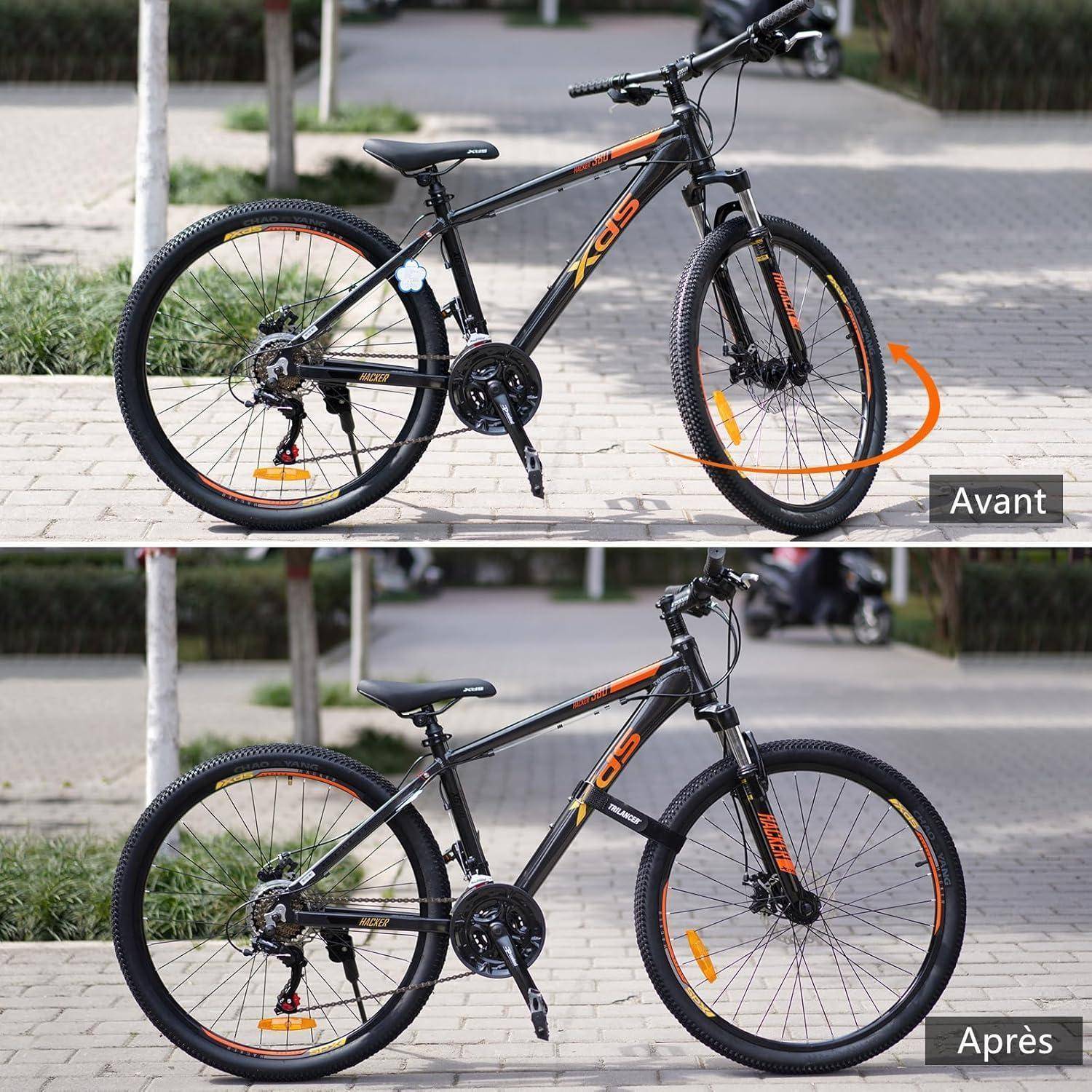Vorher'-Bild zeigt ein Fahrrad mit einem orangefarbenen vorderen Richtungsanzeiger. 'Nachher'-Bild demonstriert die korrekte Ausrichtung zum Fahren.