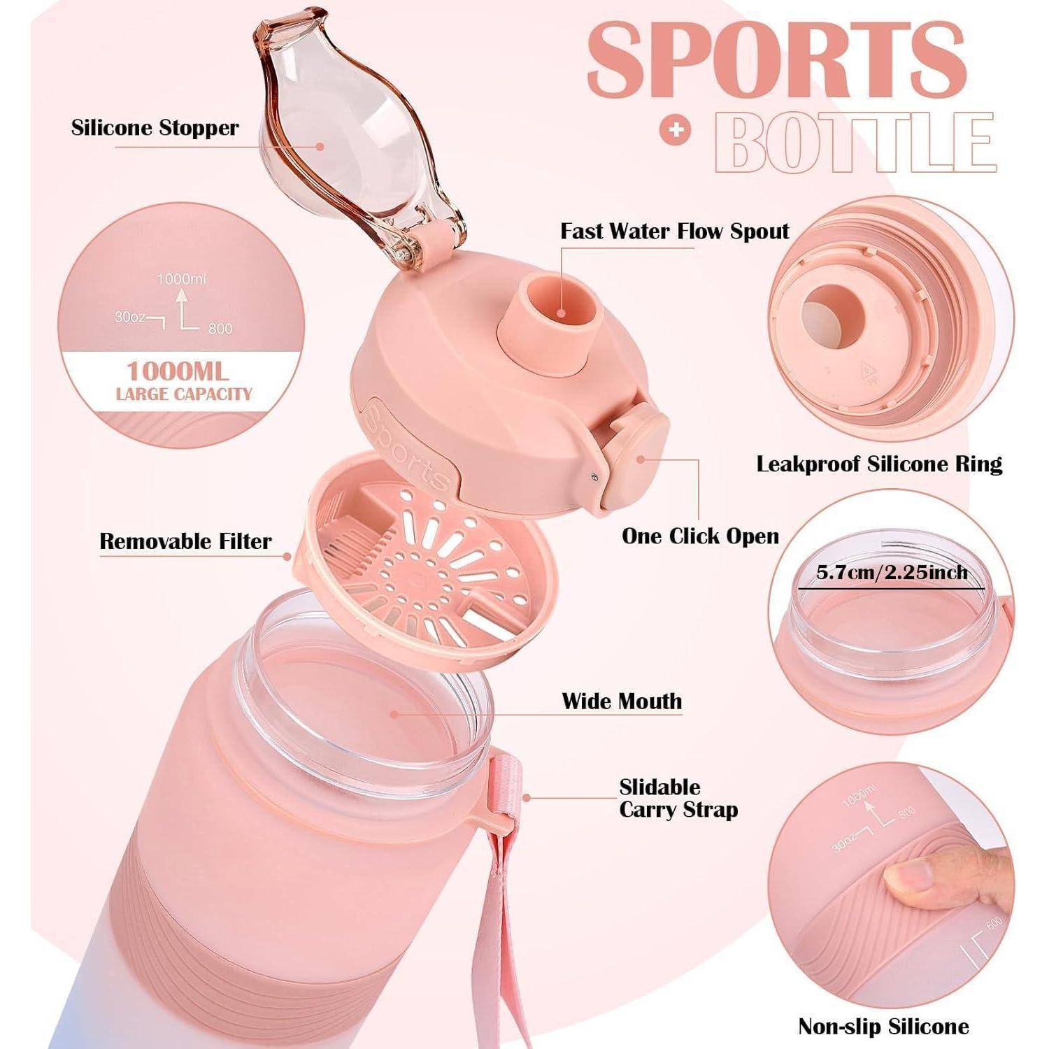 Rosa Sportflasche mit Designmerkmalen: Silikonverschluss, herausnehmbarer Filter, schneller Wasserdurchfluss, auslaufsicherer Ring, 1000 ml Fassungsvermögen.