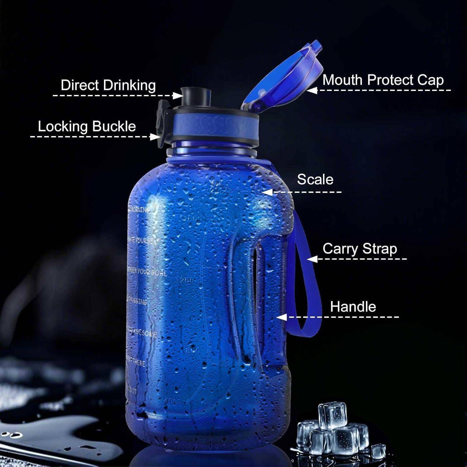 Eine blaue Wasserflasche mit einem 'Mund-Schutz-Deckel', 'Skala', 'Trageriemen', 'Verschlussspange' und 'Griff', beschriftet. Der Hintergrund ist dunkel.