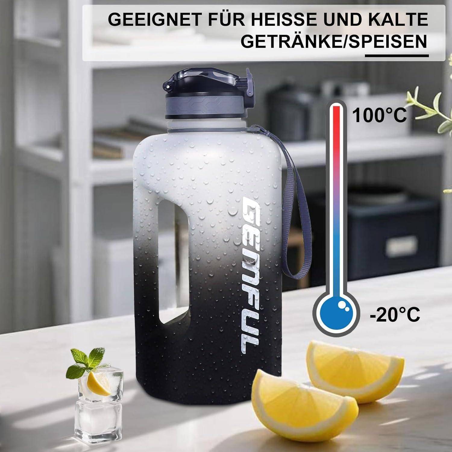 Eine gefrostete schwarze und weiße Wasserflasche mit dem Text „GEMFUL