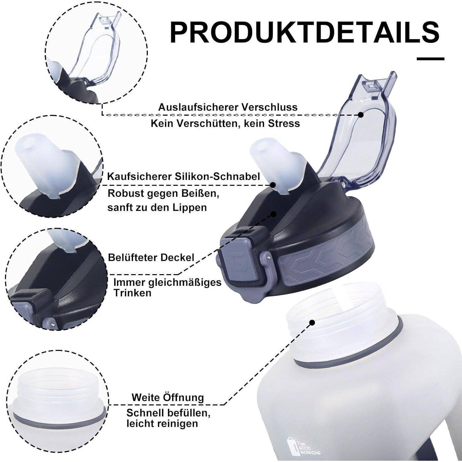 Produktdetails zeigt die Eigenschaften einer Wasserflasche mit einem sicheren Silikonausguss, einer belüfteten Kappe und einer breiten Öffnung für einfaches Nachfüllen und Verwendung.