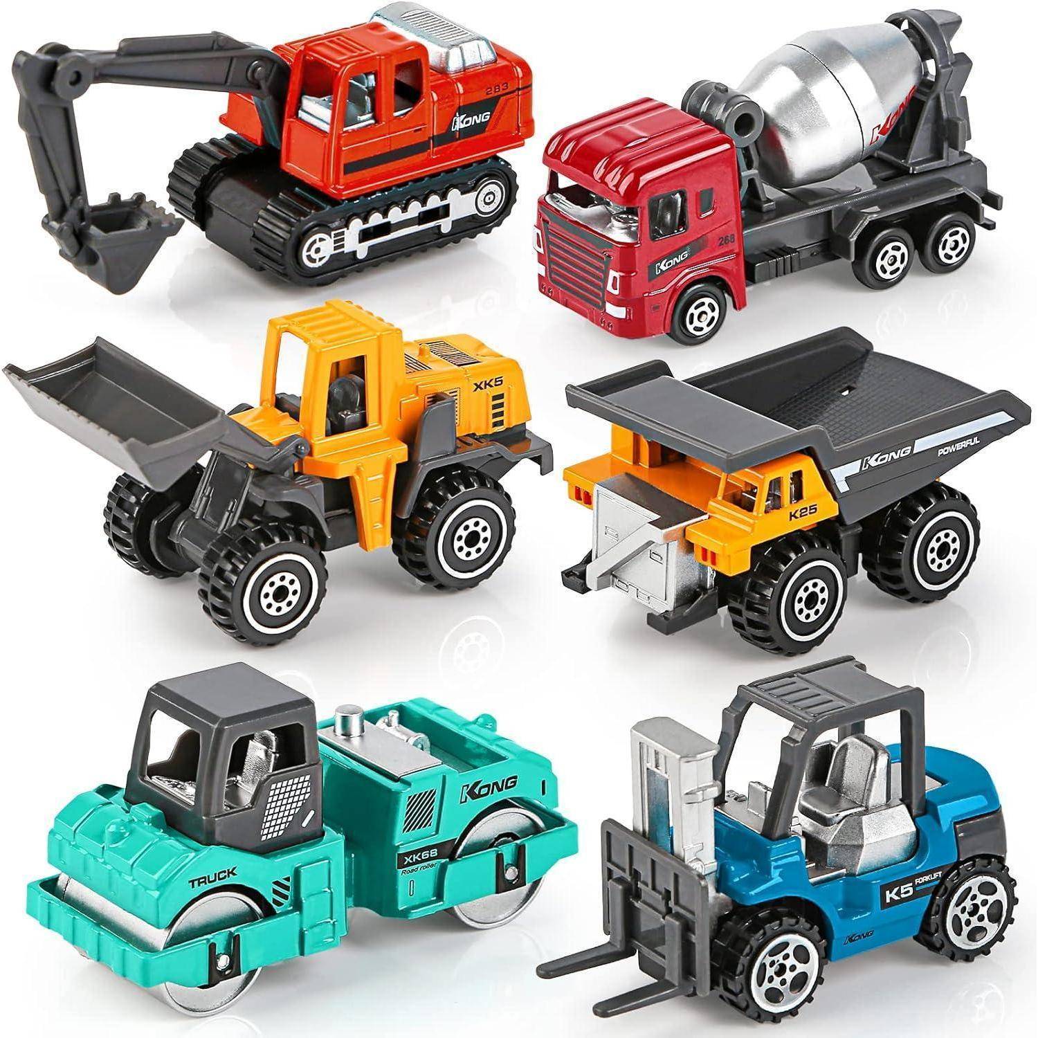 Spielzeug-Baufahrzeuge umfassen einen Bagger, Zementmischer, Bulldozer, Kipper, Walze und Gabelstapler, jeweils in verschiedenen Farben.