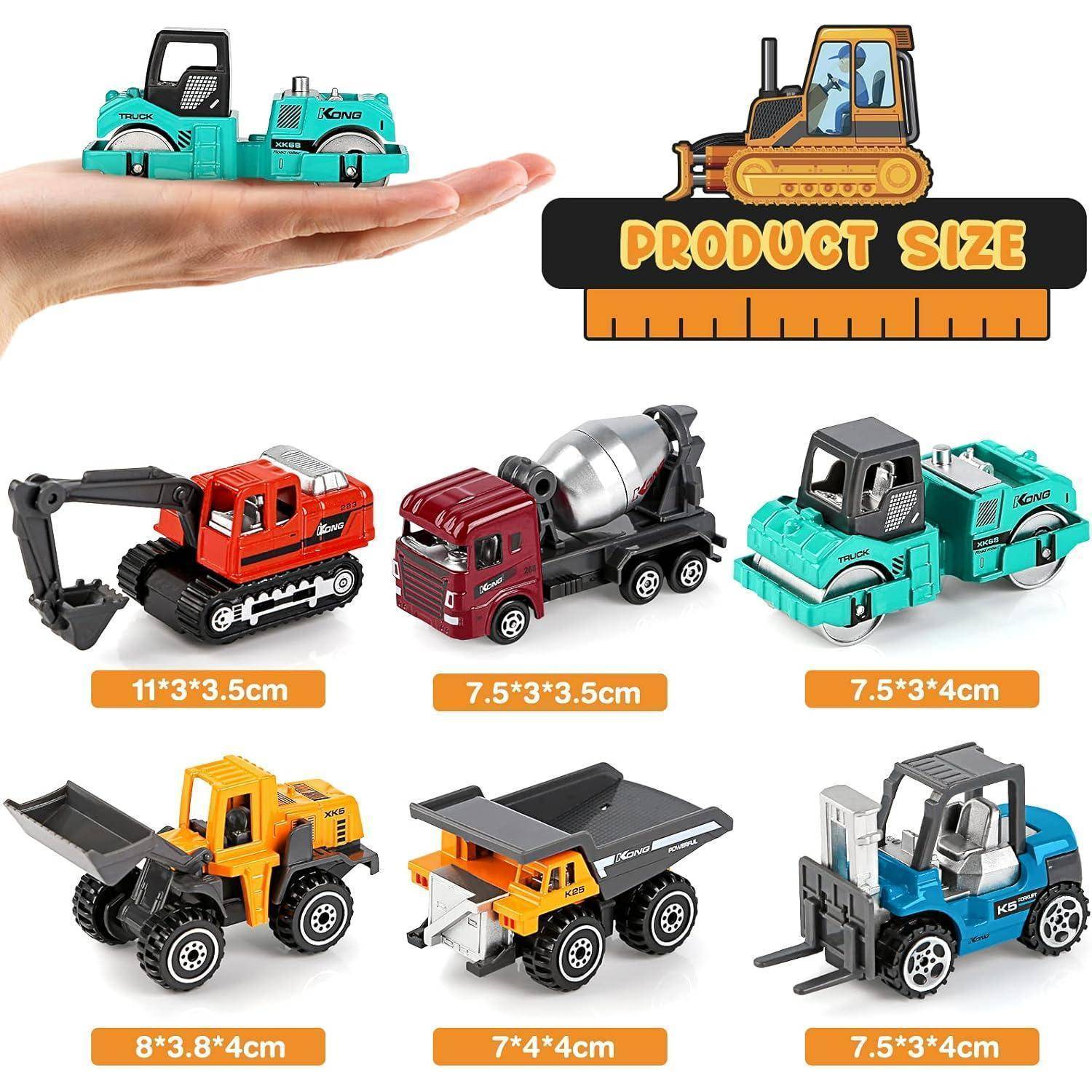 Hand hält kleine Spielzeug-Baufahrzeuge. Text 'Produktgröße' über sechs Fahrzeugen: Bagger, Betonmischer, Straßenwalze, Bulldozer, Kipper, Gabelstapler mit Größenangaben.