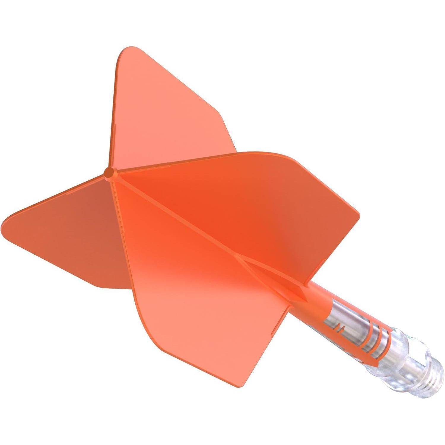 Eine orangefarbene Plastik-Finnenrakete mit transparenter Spitze, die als Spielzeug oder Modell konzipiert ist, wird aus einem leicht erhöhten Blickwinkel gezeigt.