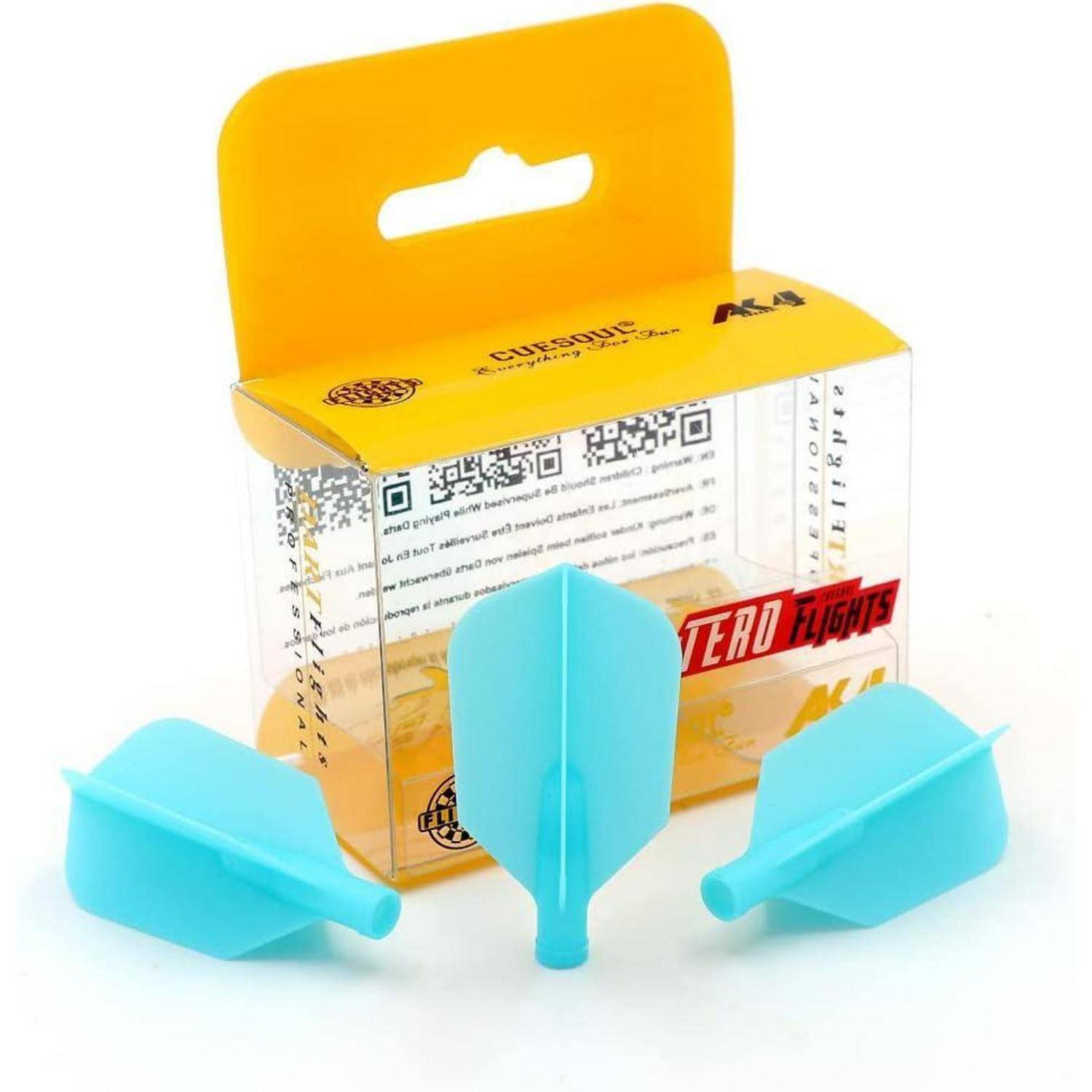 Drei blaue Dartflights mit einer gelben Verpackung, beschriftet mit 'ZERO FLIGHTS'.