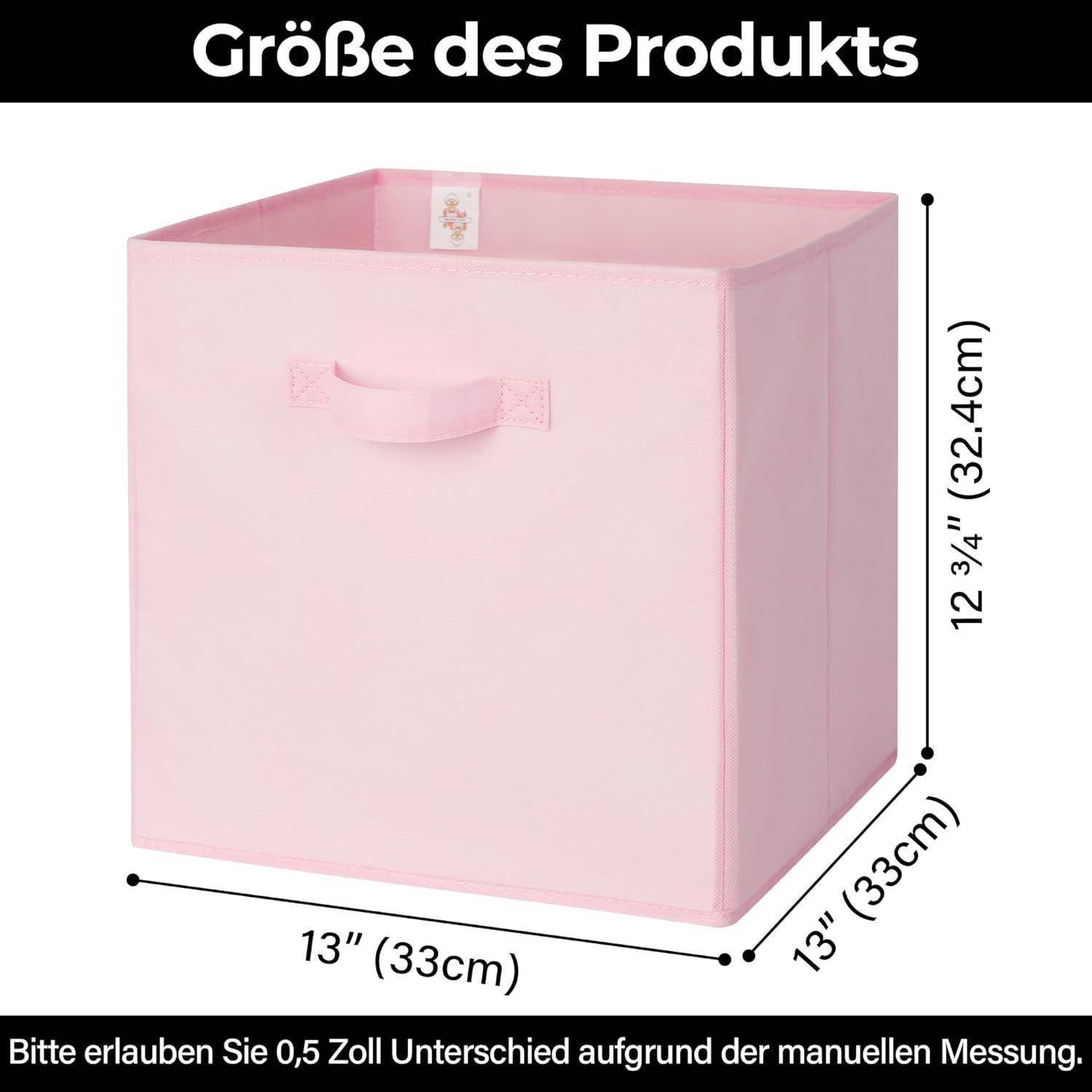 Ein rosa Aufbewahrungswürfel mit den Abmessungen: 13 Zoll x 13 Zoll x 12 3/4 Zoll (33 cm x 33 cm x 32,4 cm).