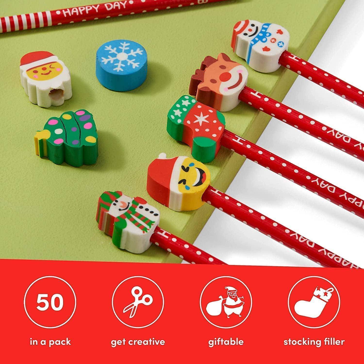 Rote Bleistifte mit Radiergummis in Form festlicher Figuren wie Weihnachtsmann und Rentier. Inklusive kreativer Symbole und Text: 50 Stück pro Packung.