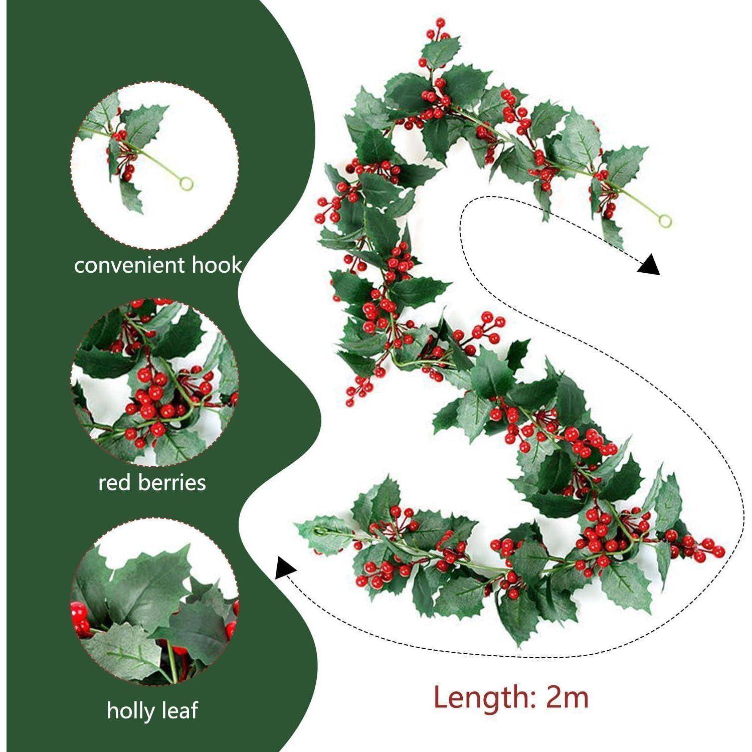 Stechpalmengirlande mit roten Beeren und praktischem Haken, 2 Meter lang. Enthält detaillierte Nahaufnahmen der roten Beeren und Stechpalmenblätter.