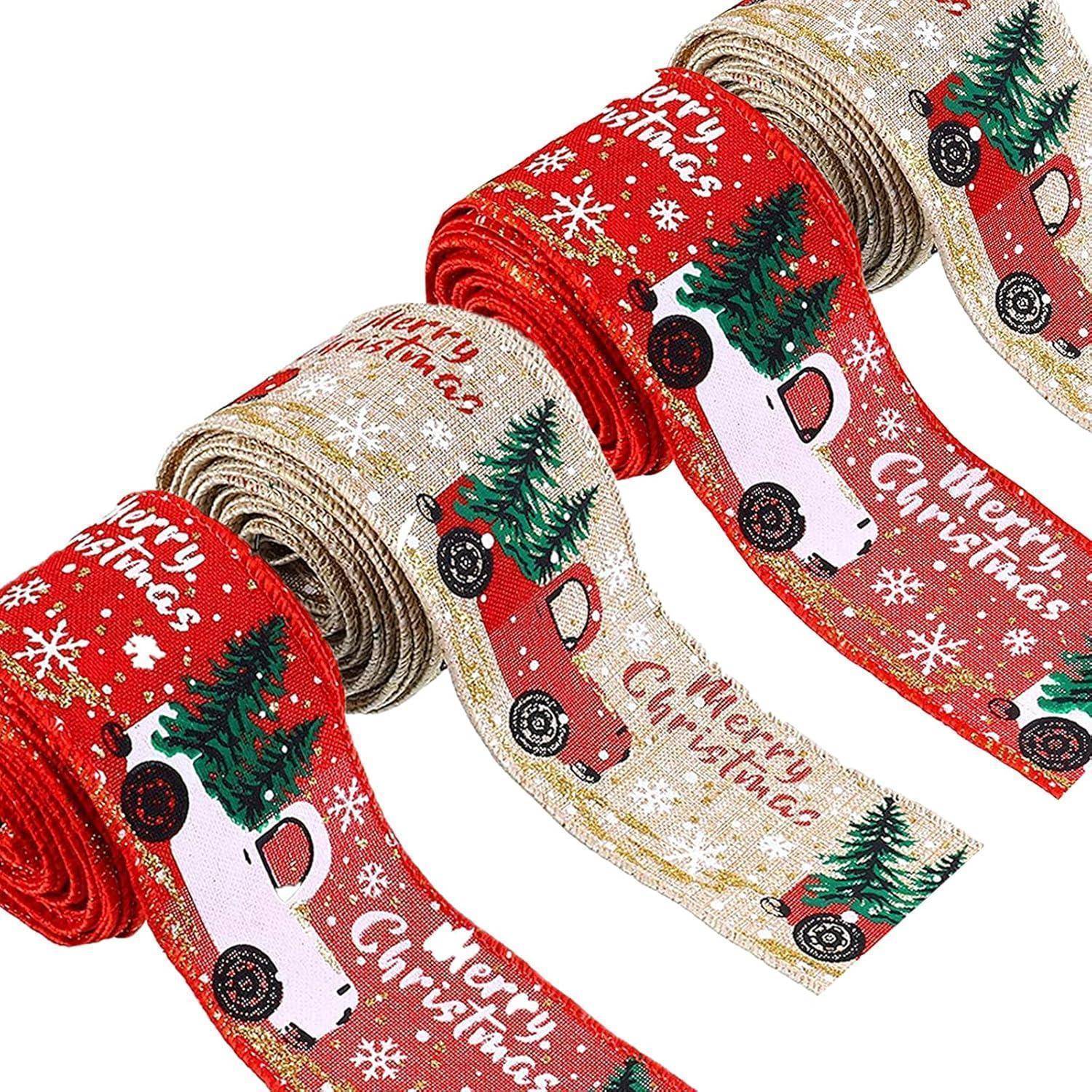 Bänder mit 'Frohe Weihnachten'-Schriftzug, die rote Lastwagen mit Weihnachtsbäumen vor roten und beigen Hintergründen mit Schneeflocken zeigen.