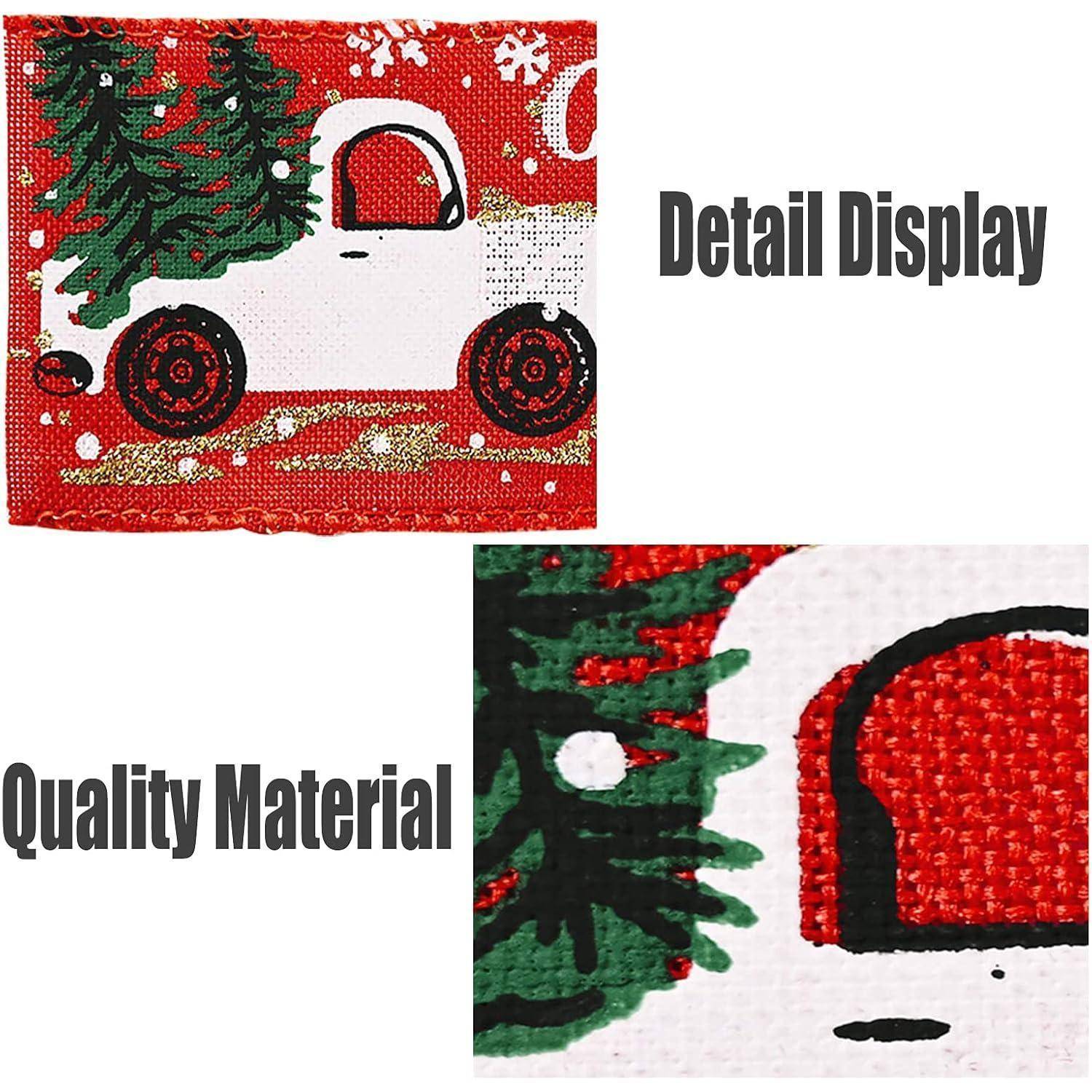 Der Abschnitt 'Detail Display' zeigt eine Nahaufnahme eines roten Autos und eines Baumdesigns. Der Abschnitt 'Quality Material' hebt die Gewebetextur und den Druckdetail hervor.