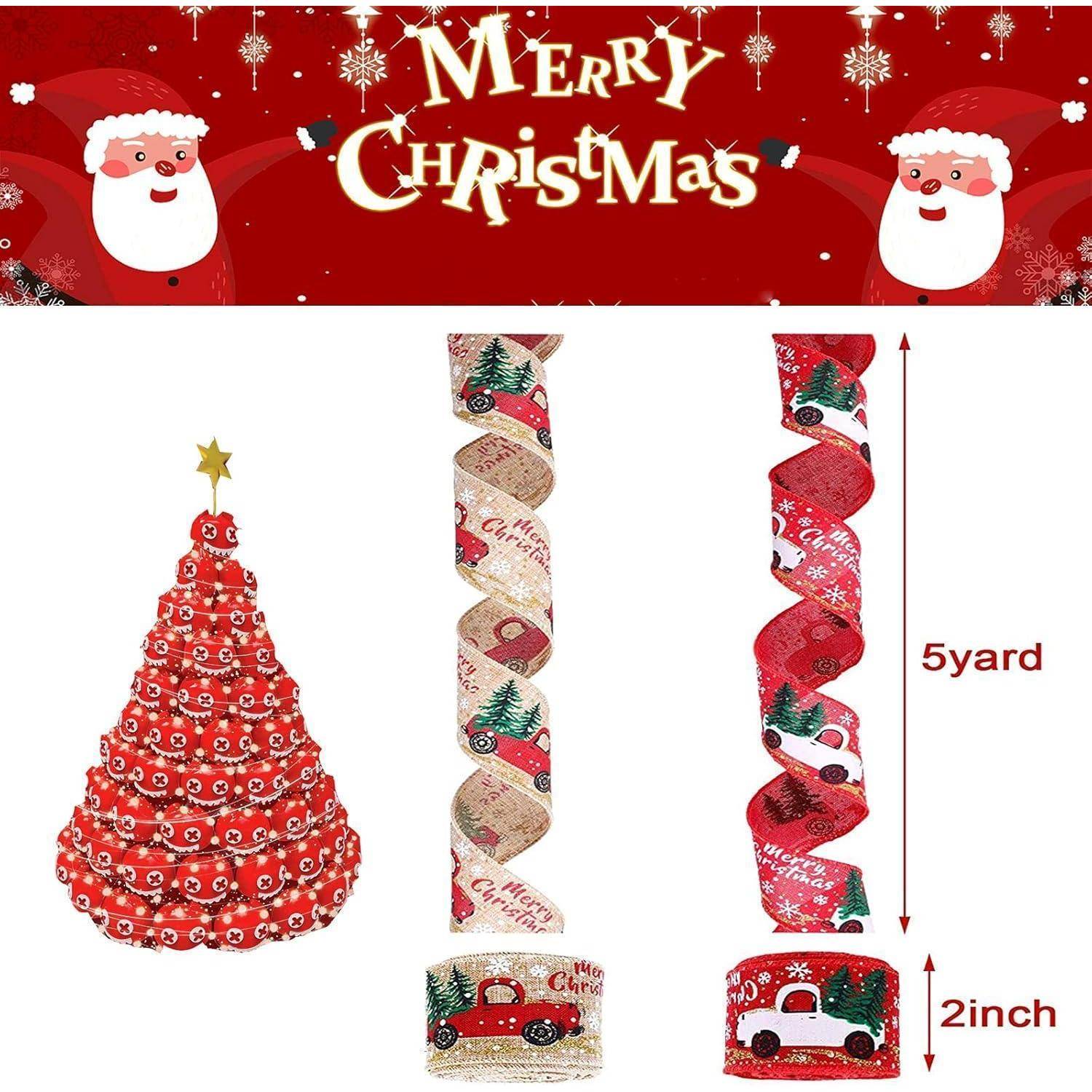 Weihnachtliche Bänder mit Weihnachtsmann, Bäumen, Autos. Jedes Band ist 5 Yard lang und 2 Zoll breit. Dekoratives Weihnachtsbaumdesign.