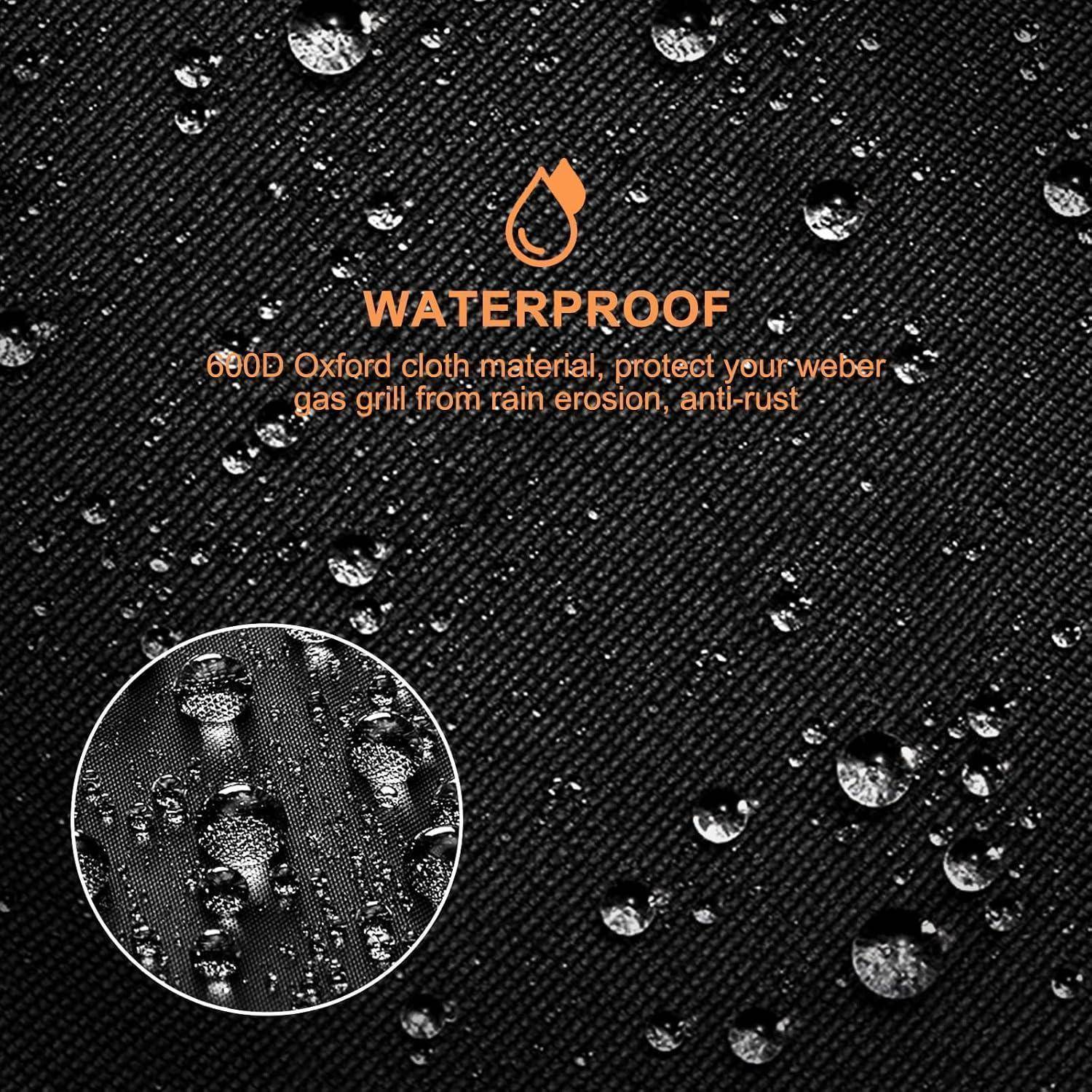 Wasserdichtes 600D Oxford-Gewebe über einer wassertropfenbenetzen Stoff-Oberfläche, das Regenschutz und Rostschutz für Weber-Gasgrills hervorhebt.
