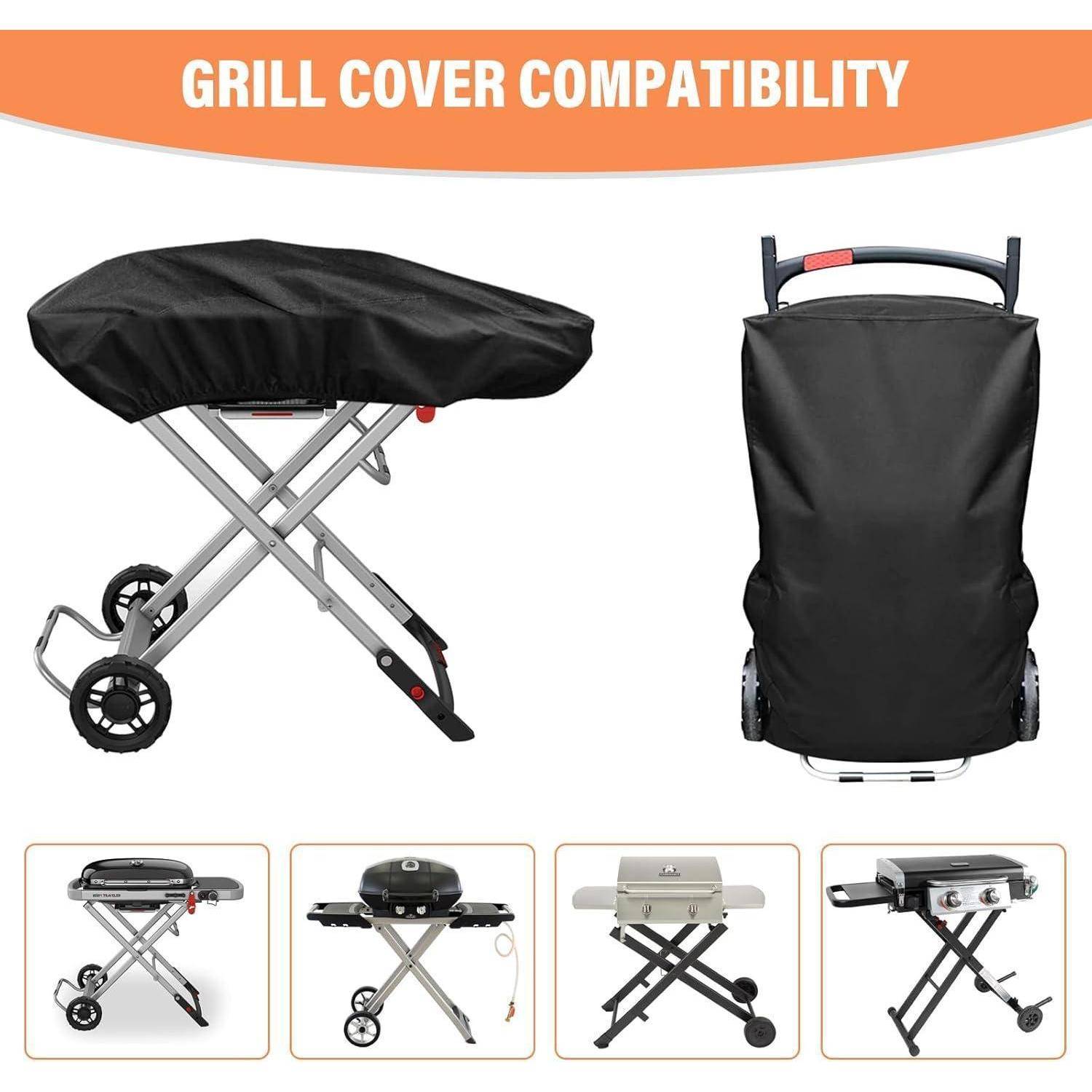 Das Bild 'Grill-Abdeckungs-Kompatibilität' zeigt verschiedene Grillmodelle mit den entsprechenden Abdeckungen. Zwei Grills sind mit Abdeckungen dargestellt, andere werden ohne Abdeckungen abgebildet.