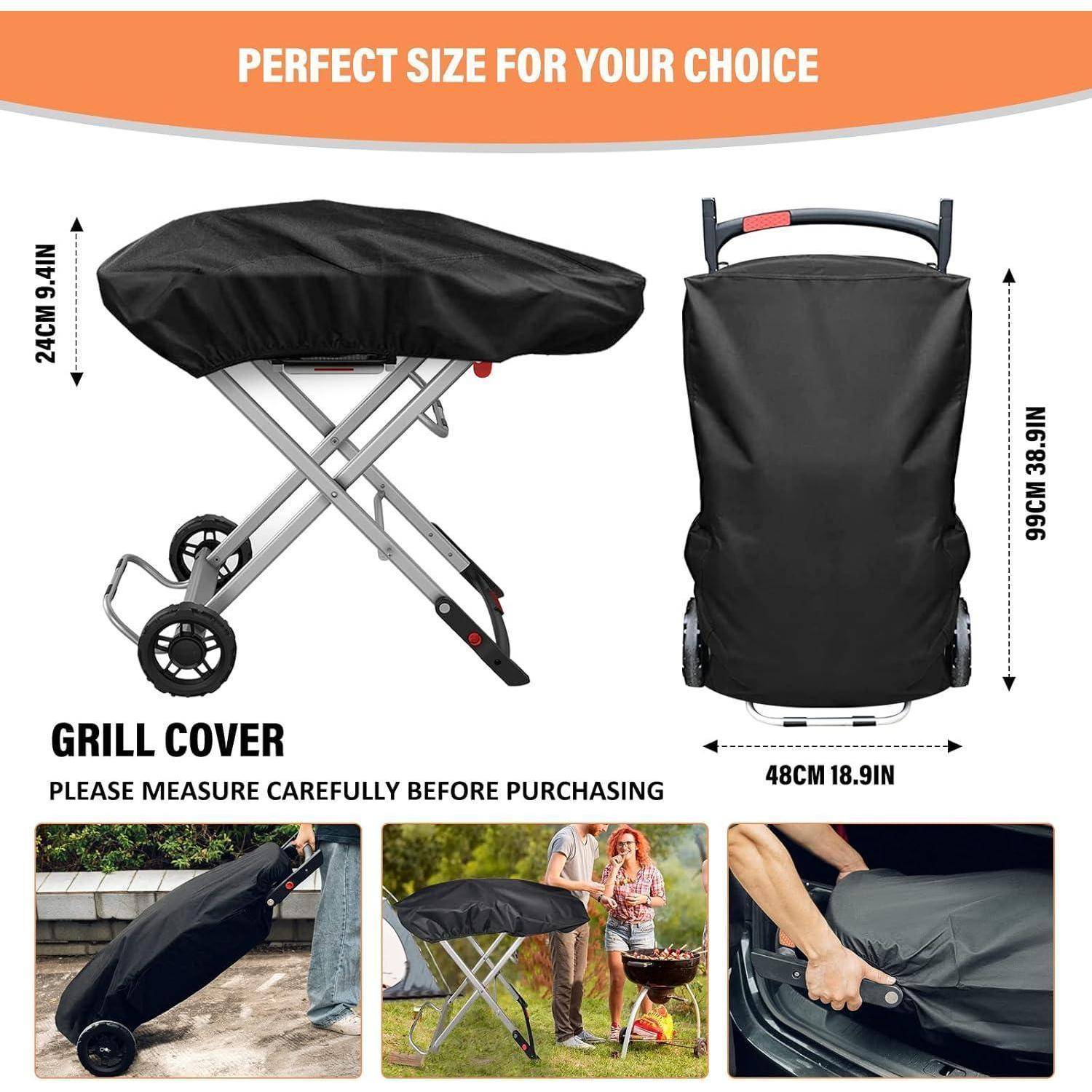 Grillabdeckung für Grill, Maße 24 cm x 48 cm. Bilder zeigen, wie die Abdeckung passt, mit Menschen, die sie benutzen und auf einem Grill anbringen.